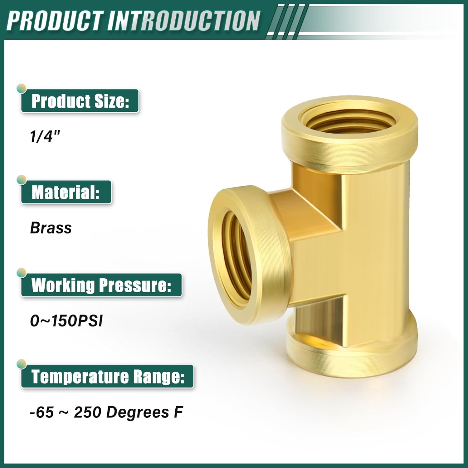 3PCS Brass 1/4" NPT Tee Fittings, Female Threaded T-Shaped 3 Way Cast Pipe Fitting for Air/Fuel/Water/Gas/Oil