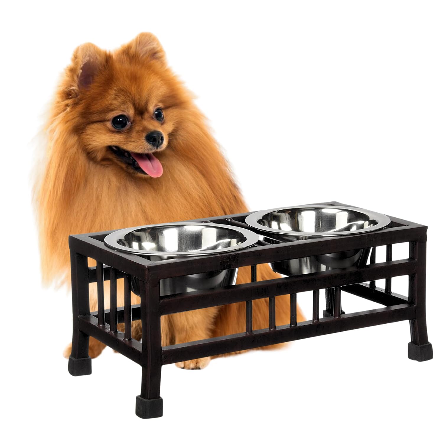Berlin's Wrought Iron Pet Bowl Stand, with Set of 2 Bowls, Stainless Steel Food and Water Bowls, Double Diner for Dogs and Cats (Black Iron Stand, Small 350ml) 1