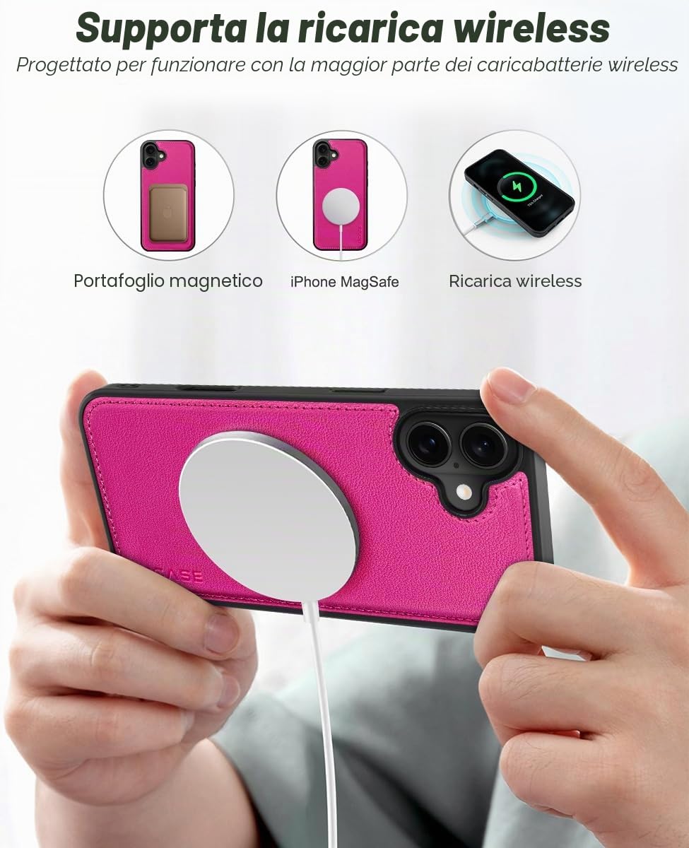 OCASE Custodia iPhone 16, Rosa Rosso, Pelle, Wallet con Slot per Schede, Cavalletto, Antiurto, Antiscivolo, Installazione Semplice, Compatibile con iPhone 16 (6.1 Pollici)
