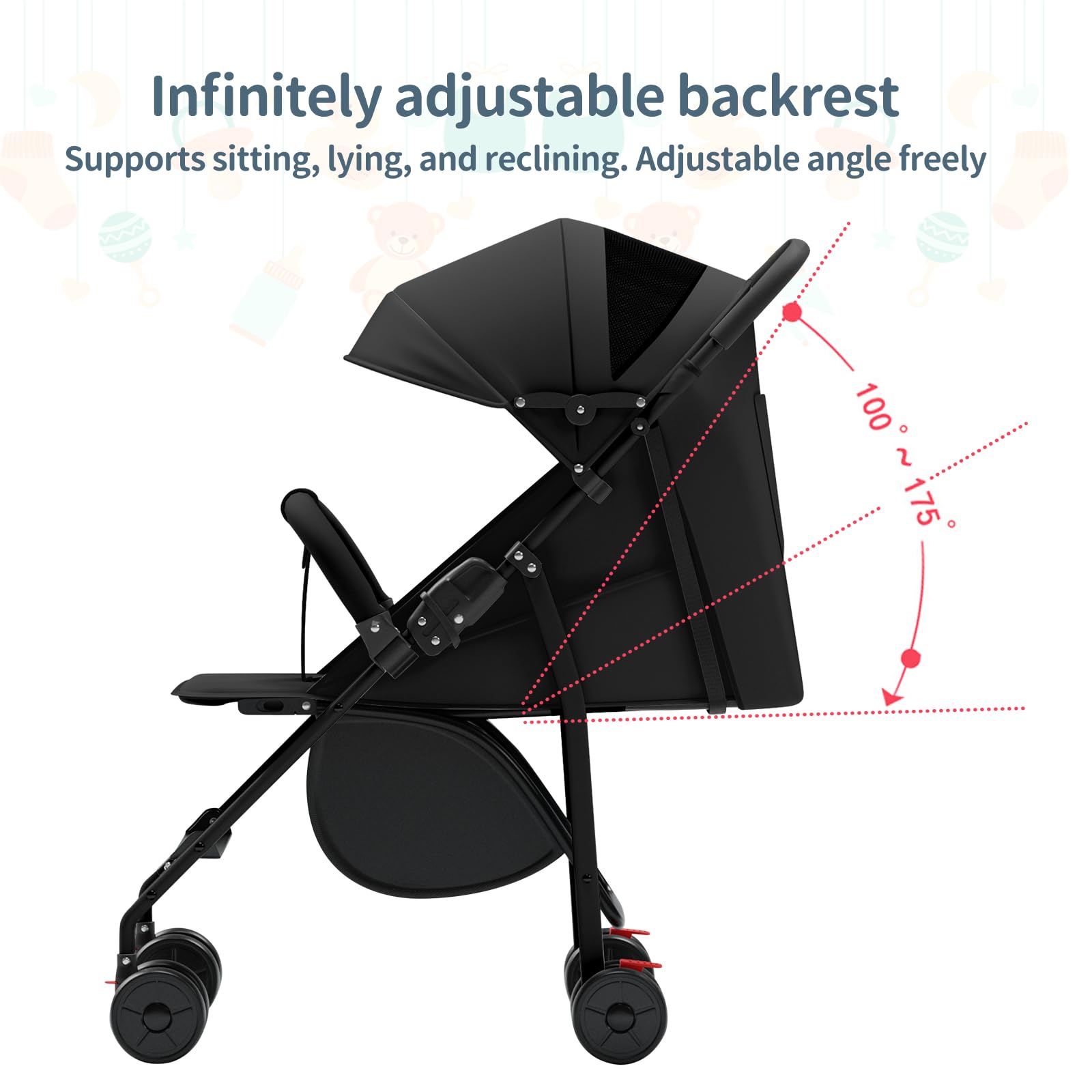 OHMG Poussette Canne,Poussette Canne Compacte 0-36kg,Poussette de Voyage avec Cotons et Moustiquaire,Panier D'achat avec Fonction Extensibler,Capote Extensible (C-Noir)