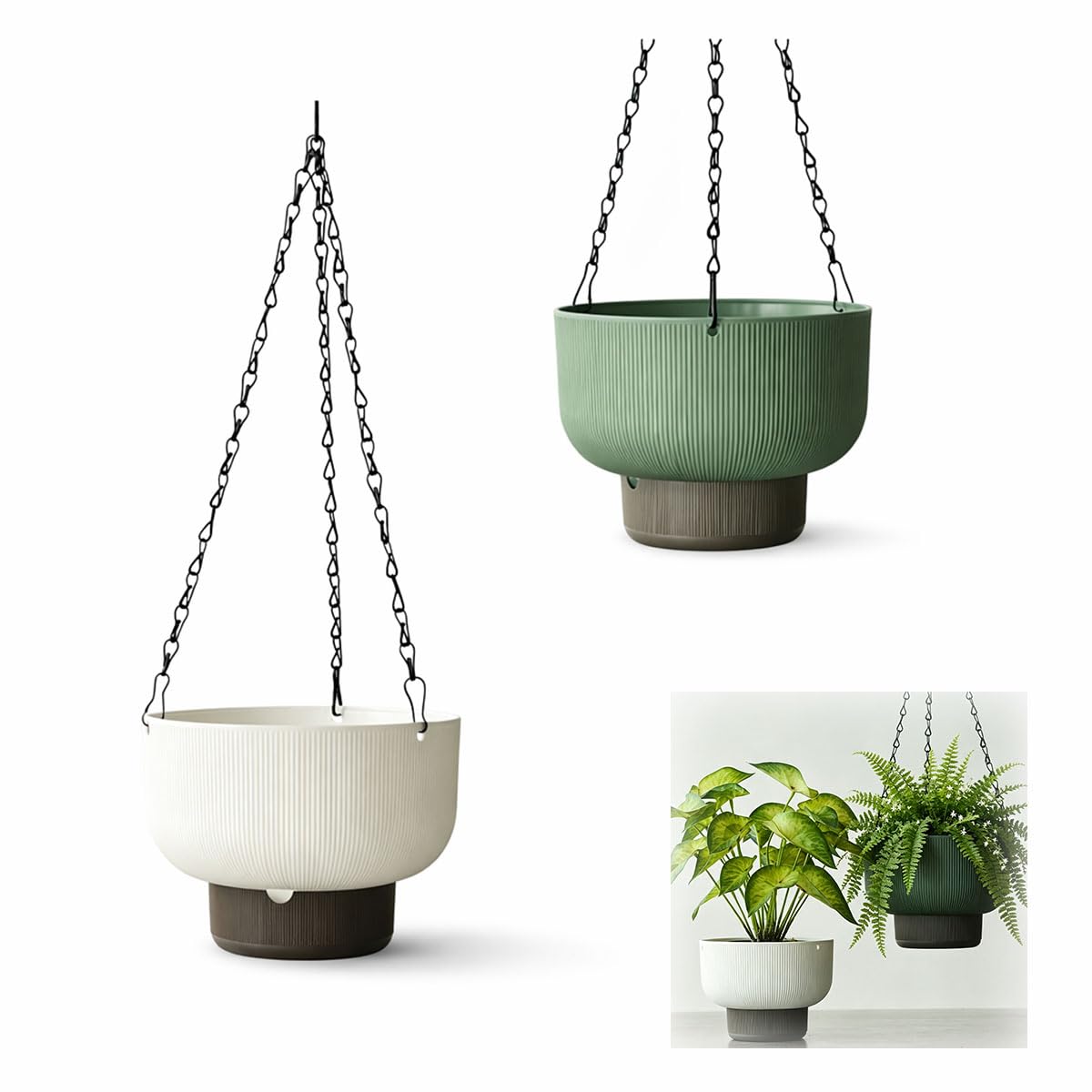 HuangJingYu 2 Pack Self Watering Hanging Plant Pots, Plastic Hanging Baskets Indoor Outdoor with Chain（Green and White）