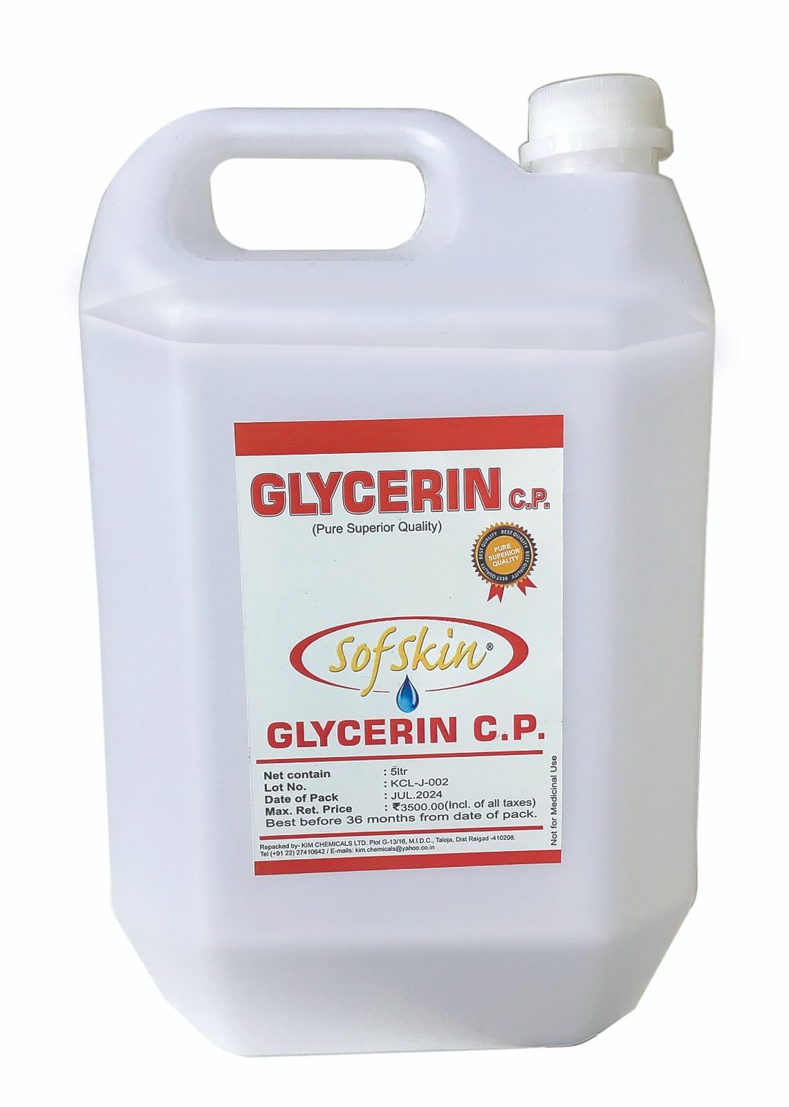 Glycerin (SOFSKIN Brand) 6.430 Kgs (5 litre) 99.9% Pure & Safe for skin, face & Babies Daiper Rash. Dermatologists recommended.