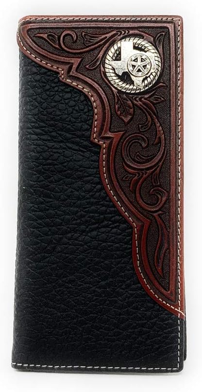 Western Premium Genuine Leather Tooled Men's Long Bifold Wallet premium cowboy wallets in 2 colors (Black Texas state map)