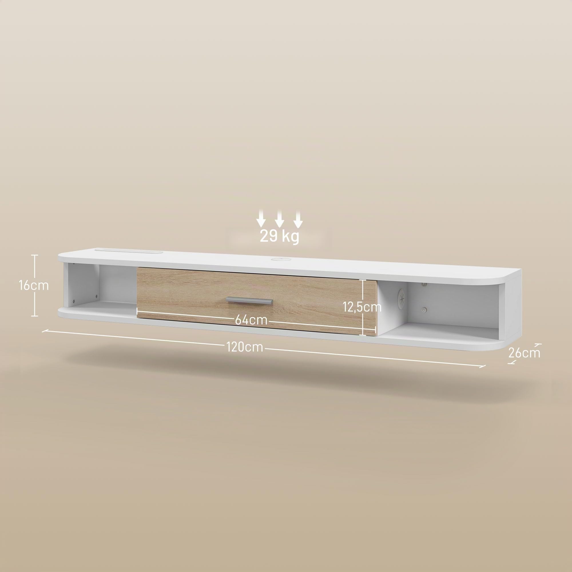 HOMCOM Mueble TV de Pared 120 cm para TVs hasta 50 Pulgadas, Blanco | Soporte TV, 2 estantes abiertos, puerta abatible, gestión de cables, banco TV flotante, salón, dormitorio