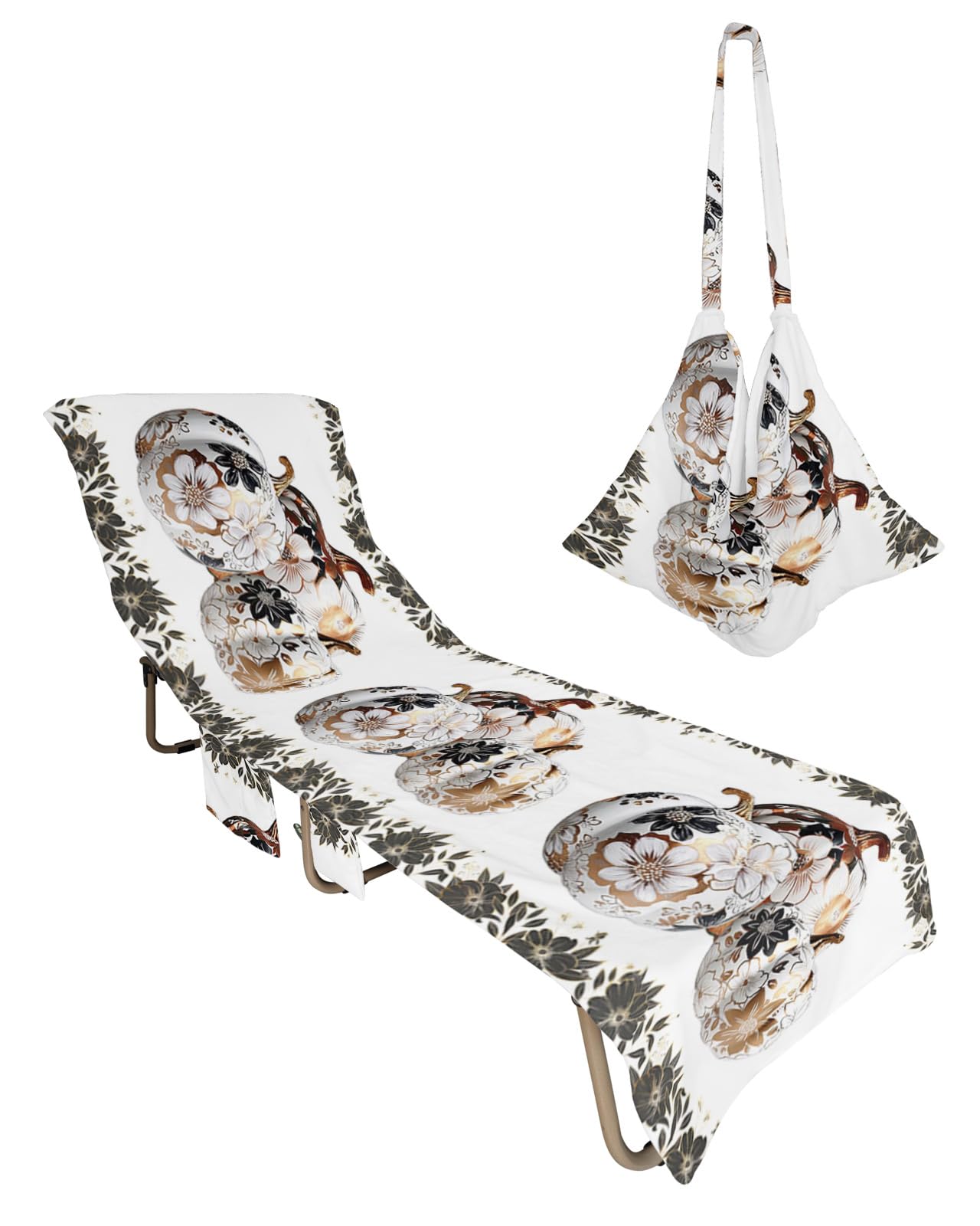 Luxury Thanksgiving, Beach Lounge Chair Towel Cover, Soft Chaise Lounge Towel with Side Pockets Patio Pool Chairs Cover for Beach/Pool Sunbathing 29x85 Fall Pumpkins Gold Flower Leaves