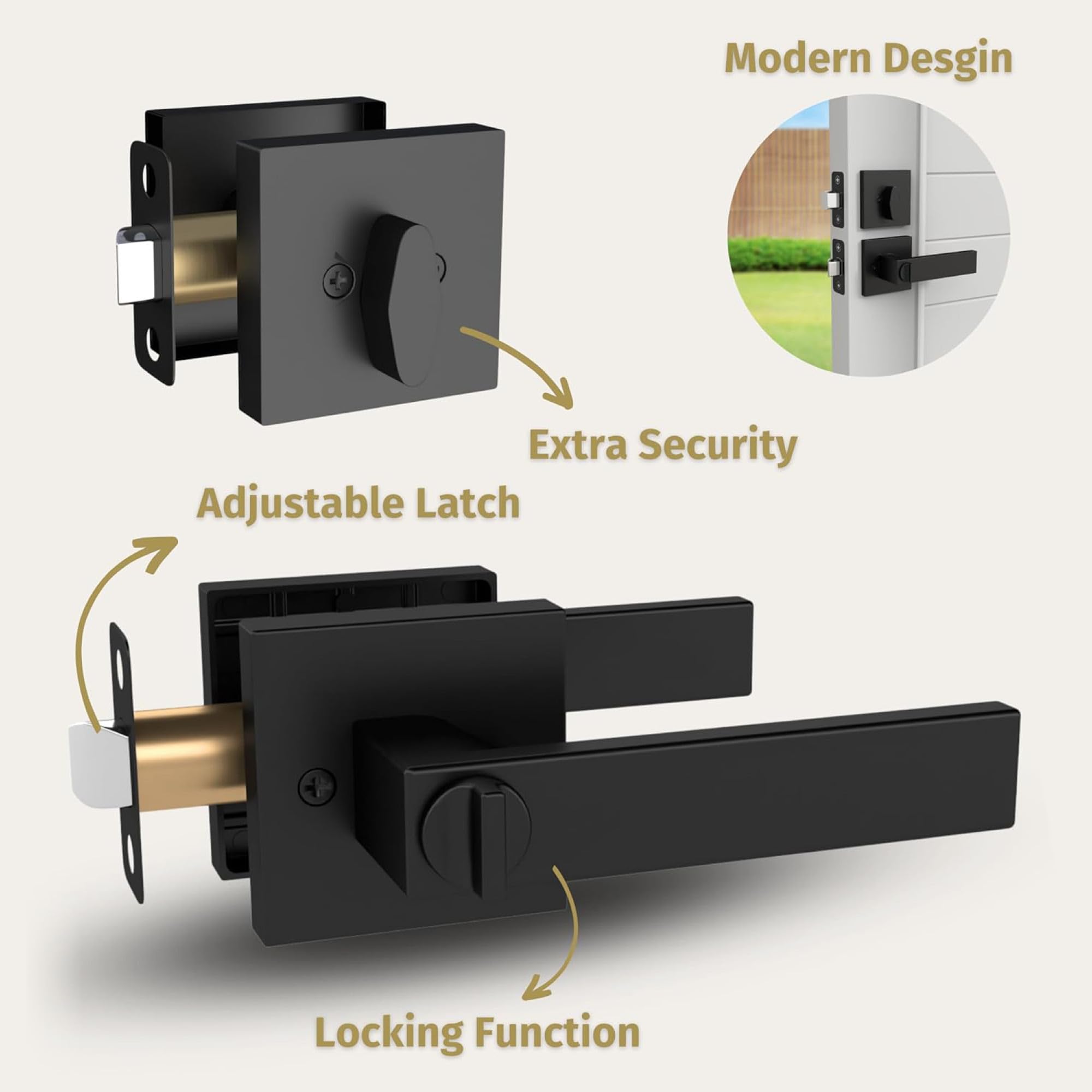 Mega Handles Paquete de 3 manijas de puerta de entrada I y cerradura de cerrojo de un solo cilindro y llave, juego de palancas de bloqueo cuadradas resistentes - Negro mate - Paquete de 3 - Llaves
