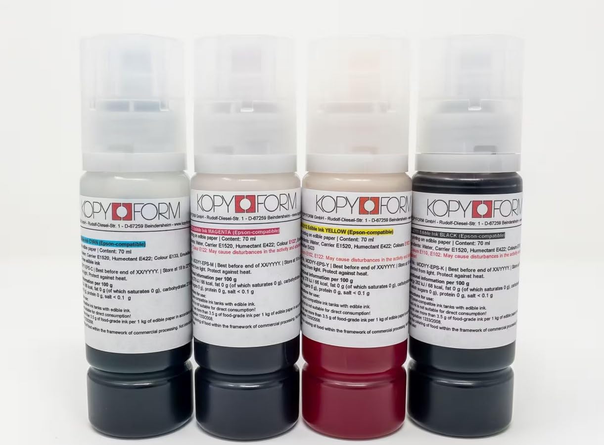 KOPYFORM Encre Alimentaire EPSON – Set 4 × 70 ml (Noir, Jaune, Magenta, Cyan) pour imprimantes EPSON – avec adaptateur de remplissage facile [KOLE070f]