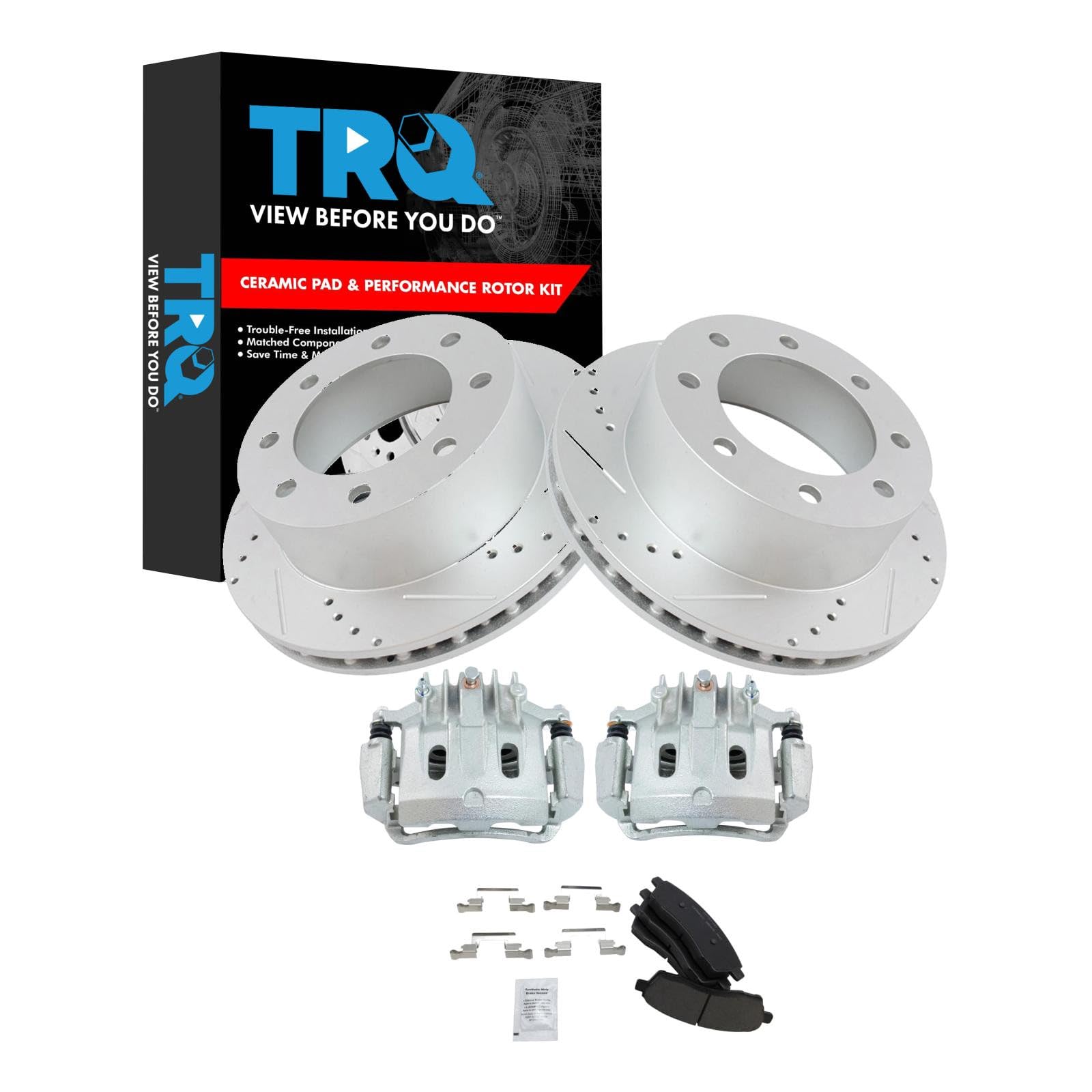 TRQ Rear Performance Brake Pad, Caliper, &amp; Rotor Kit Ceramic Premium G-Coated Compatible with 2000-2005 Ford Excursion 2000-2004 F-250 Super Duty F-350 Super Duty