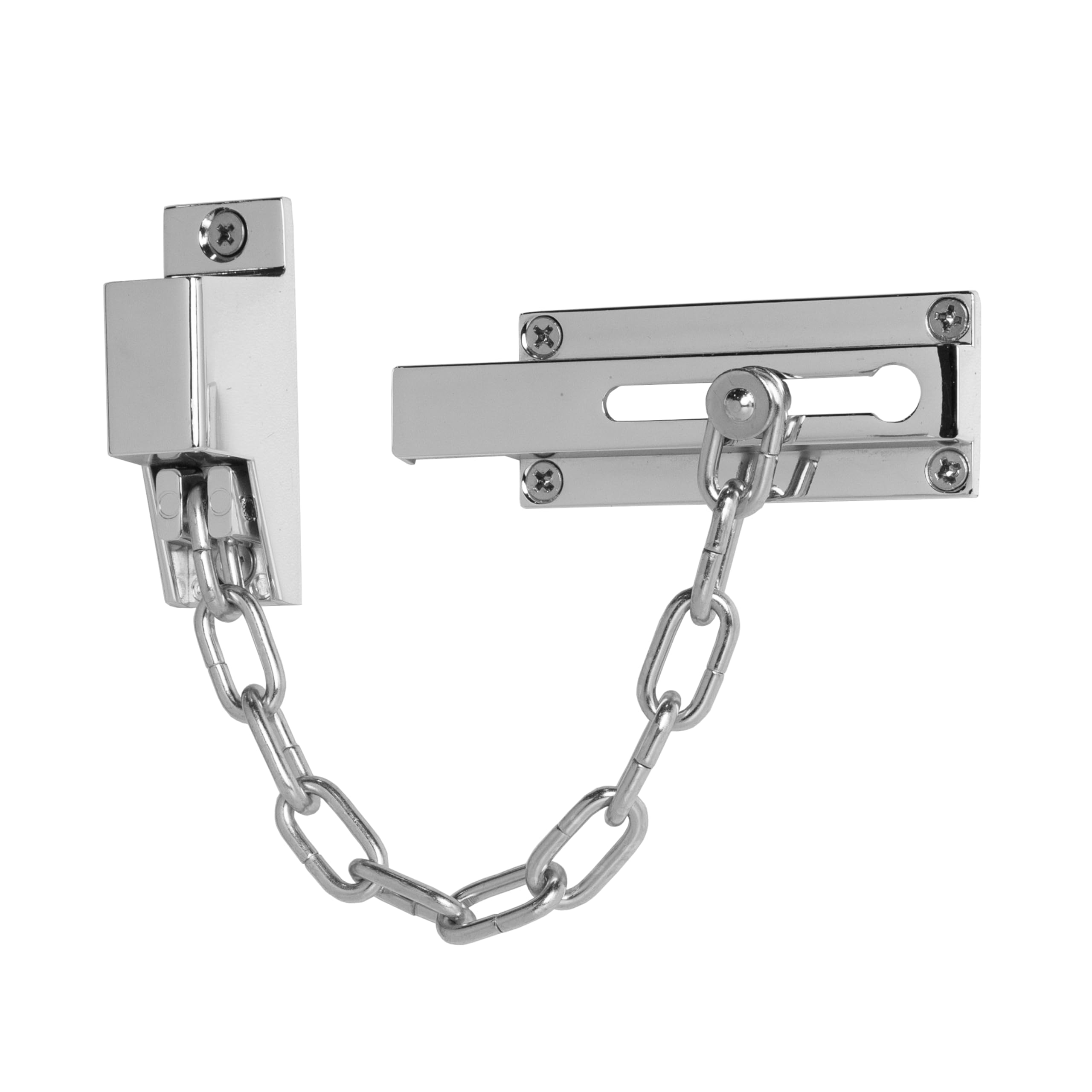 Chaîne de verrouillage de porte XFORT en chrome poli, chaîne de sécurité pour porte avant avec mécanisme de déverrouillage par clé externe.