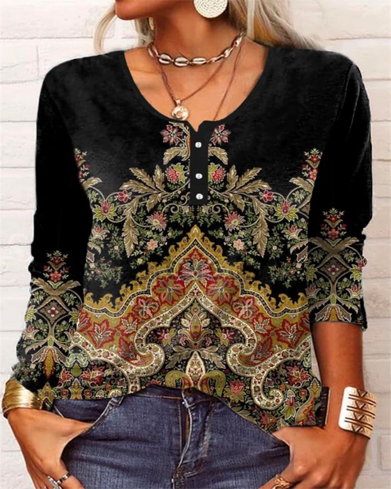 Akivide Women's Boho Floral Print Long Sleeve Henley V Neck Button Front Casual Blouse Vintage Ethnic Shirt Plus Size2