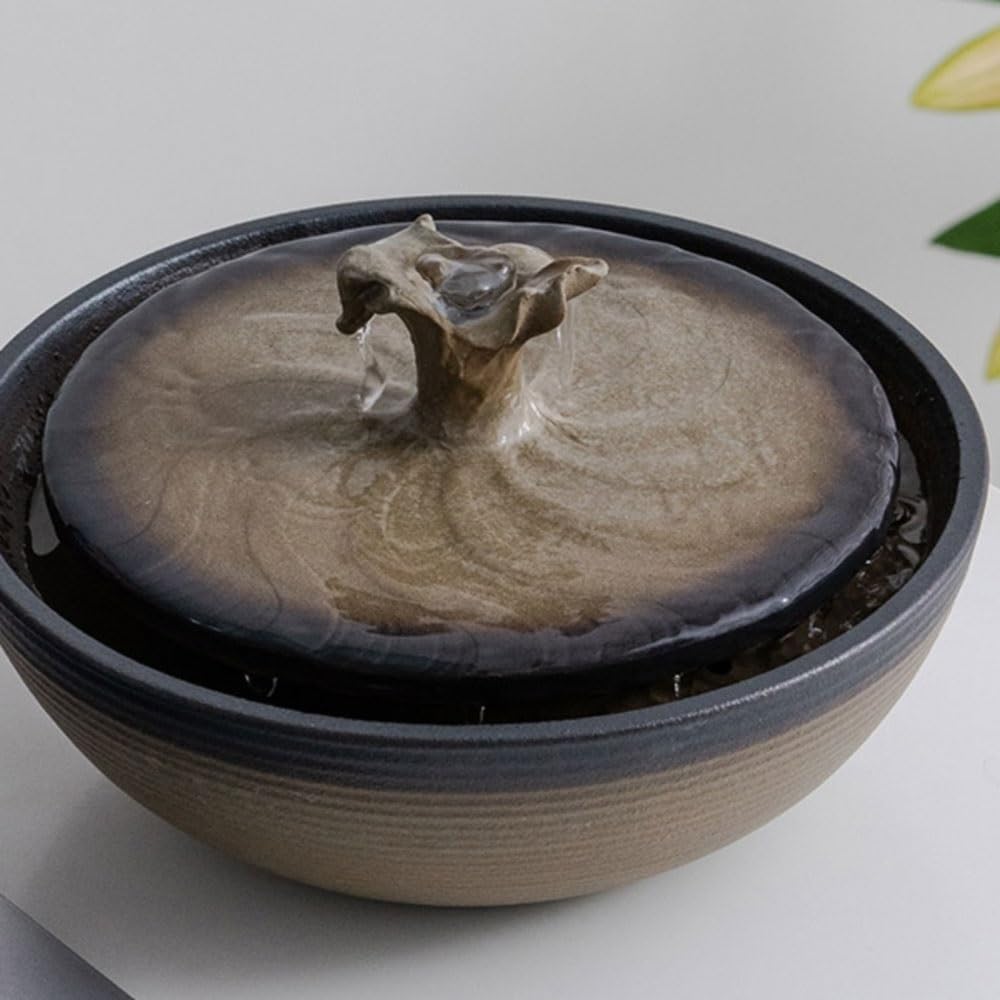 Tabletop Fountain Desktop Ceramic Running Water Ornaments Circulating Water Fountain Humidifier Birth Wealth Inviting Wealth Feng Shui Wheel Indoor Waterfall(Brown)