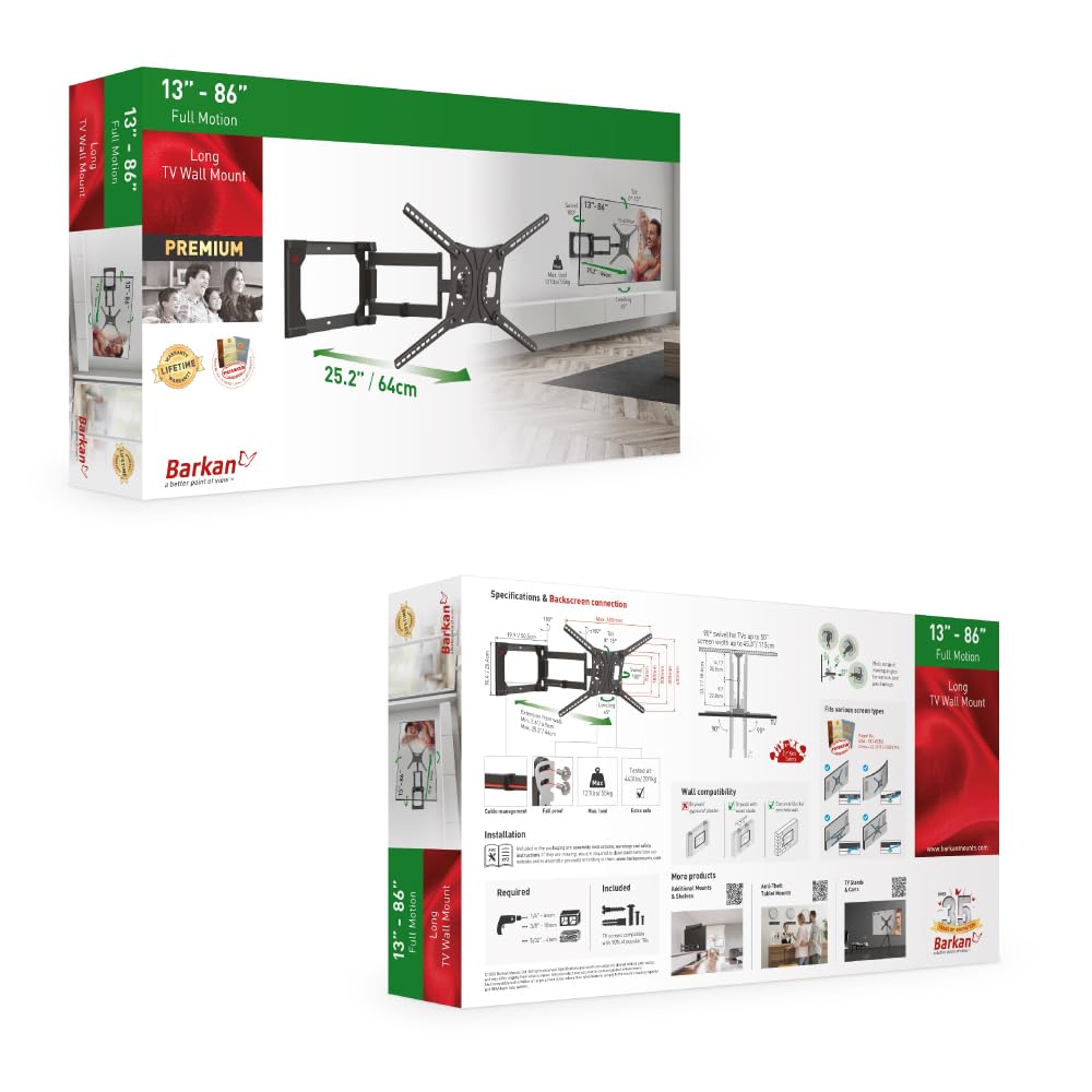 Barkan Soporte TV de Pared 64cm de Largo Inclinable y Giratorio, Articulado para Pantallas de 13-86 Pulgadas, Peso máximo 50Kg, Bloqueo, Extra Estable, para LED OLED LCD, hasta VESA 600x400