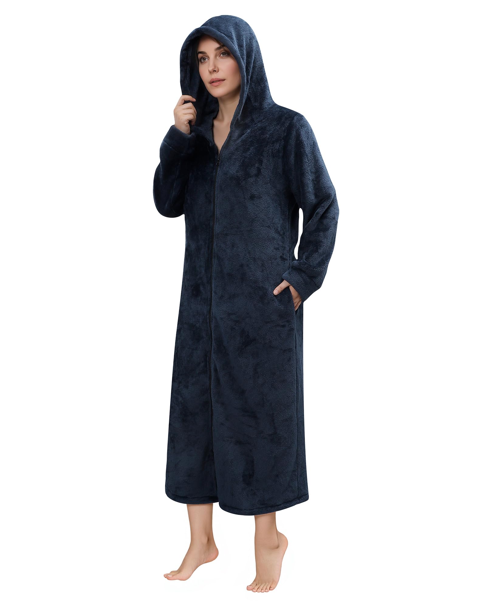KAKU NANU Albornoz largo de franela suave con cremallera para mujer, tallas S-2XL