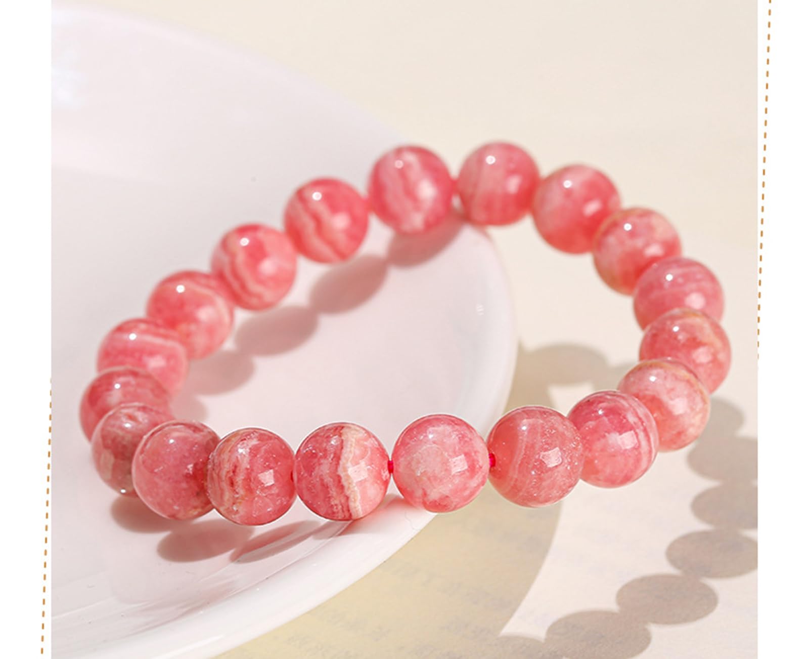 Bracciale con rodocrosite da Donna – Bracciale Elasticizzato con Perline a Fila Singola in Pietra di rodocrosite Rosa Naturale, Regalo Semplice ed Elegante,9~10mm