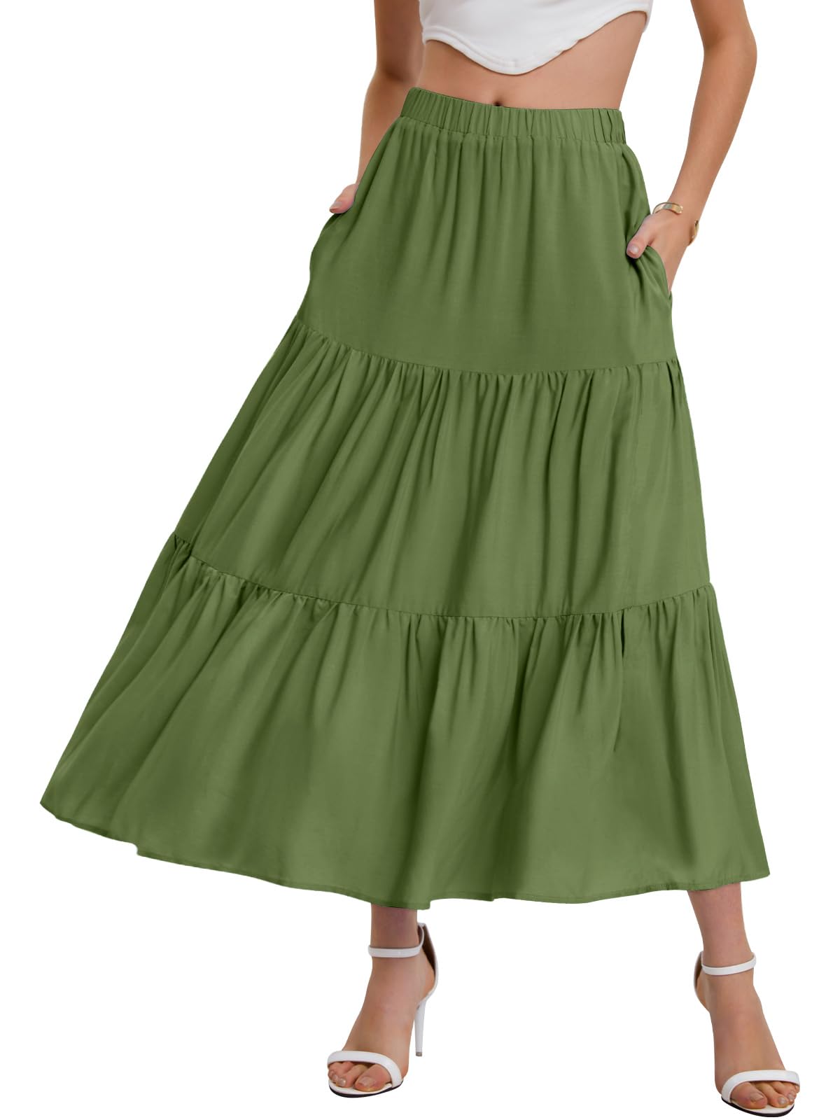 Bloggerlove Tiered Maxi Skirts for Women Trendy Summer Long Flowy Skirt Boho Beach Skirts with Pockets XS-XL