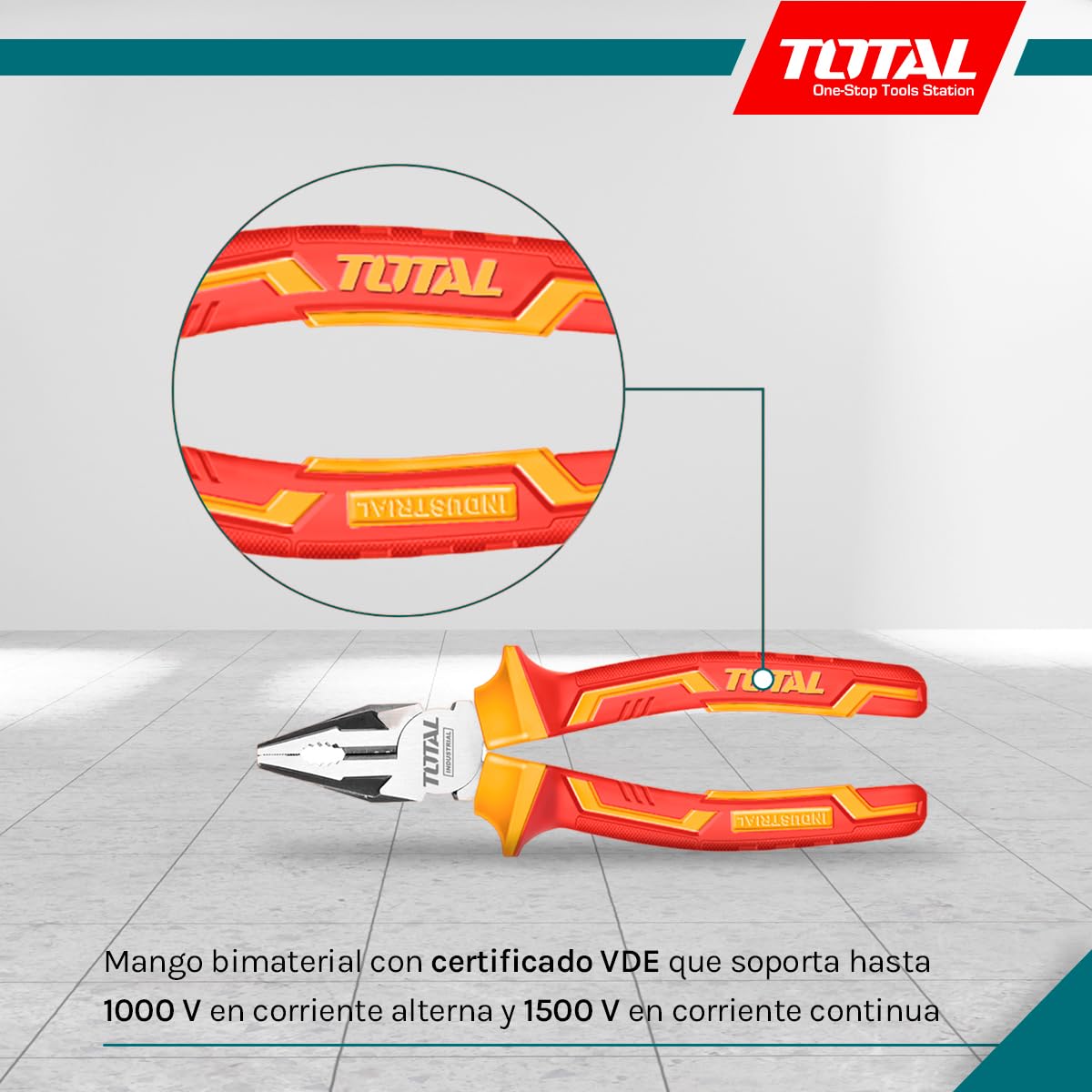 TOTAL - Alicate Aislado Universal - Cromo Vanadio - Certificado VDE - Ideal para Electricistas y Proyectos Eléctricos - Medida: 180 mm