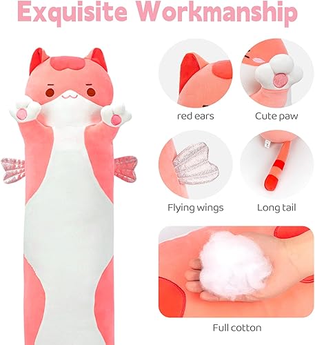 Miniatura 5 de Caaaat Peluche largo de gato rosa, animales de peluche suaves con diseño de gatito, Kawaii para niños, almohada de felpa para dormir, juguetes de