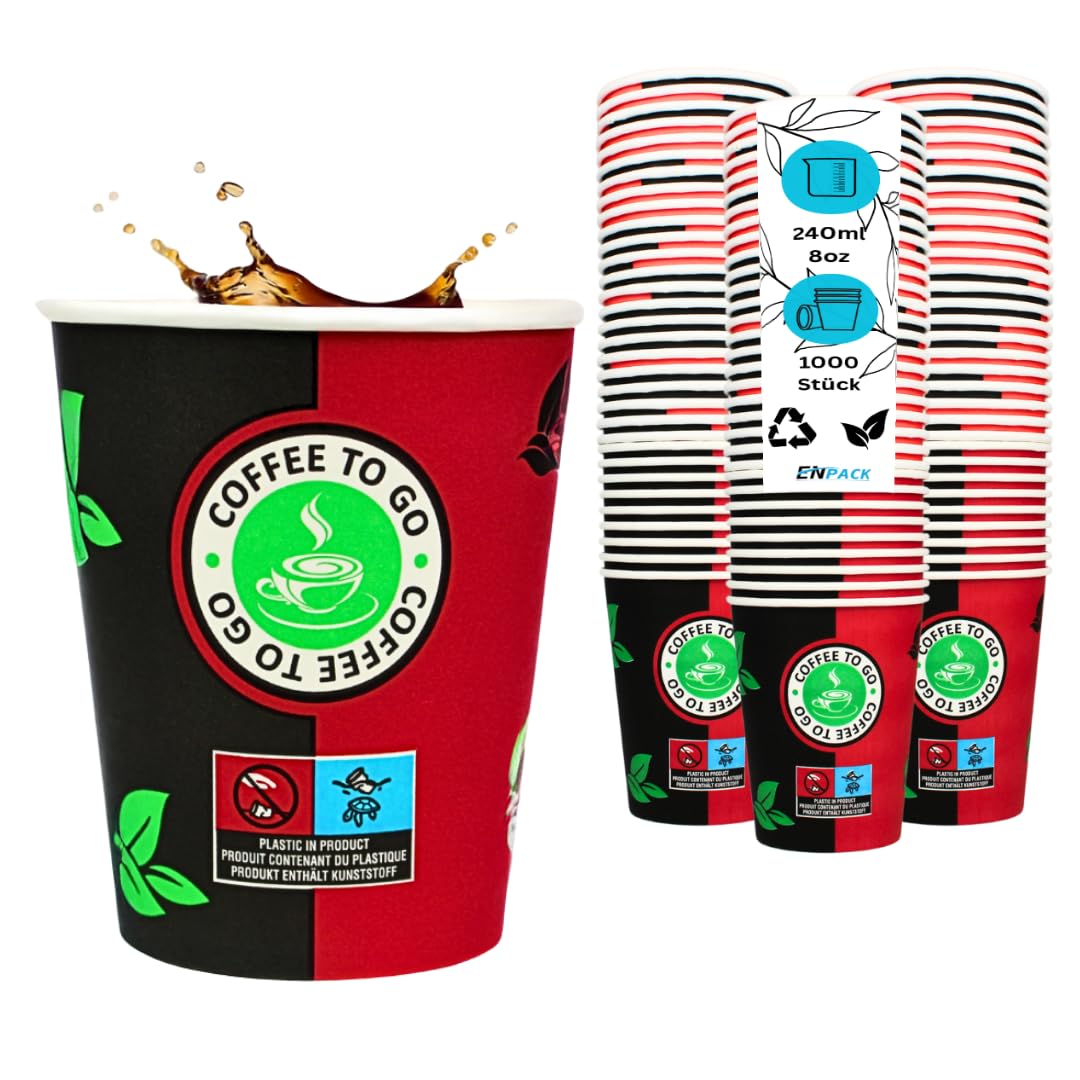 Enpack 1000 Schwarz/Rote Pappbecher 200 ml aus Kraftpapier - Kaffeebecher to go zum servieren von Tee, Kaffee, Glühwein oder anderen Getränken - Coffee To Go Becher