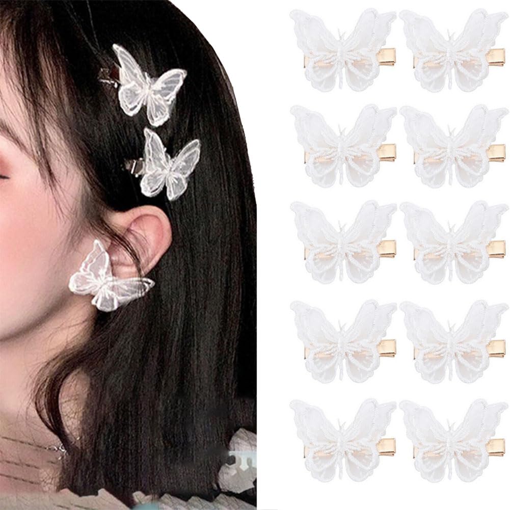 10PCS Butterfly Hair Clip Lace Hair Bows Small Butterfly Clip Hair Pins Wedding Hair Accessories Hair Clips for Halloween Cosplay Women Girls (White)