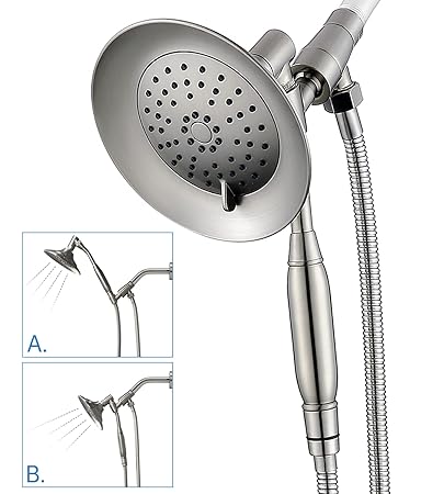 G-Promise Double Height Positioning Shower Head, High Pressure Handheld Spray, Adjustable Metal Bracket Holder, Extra Long Stainless Steel Flexible Hose (Brushed Nickel)