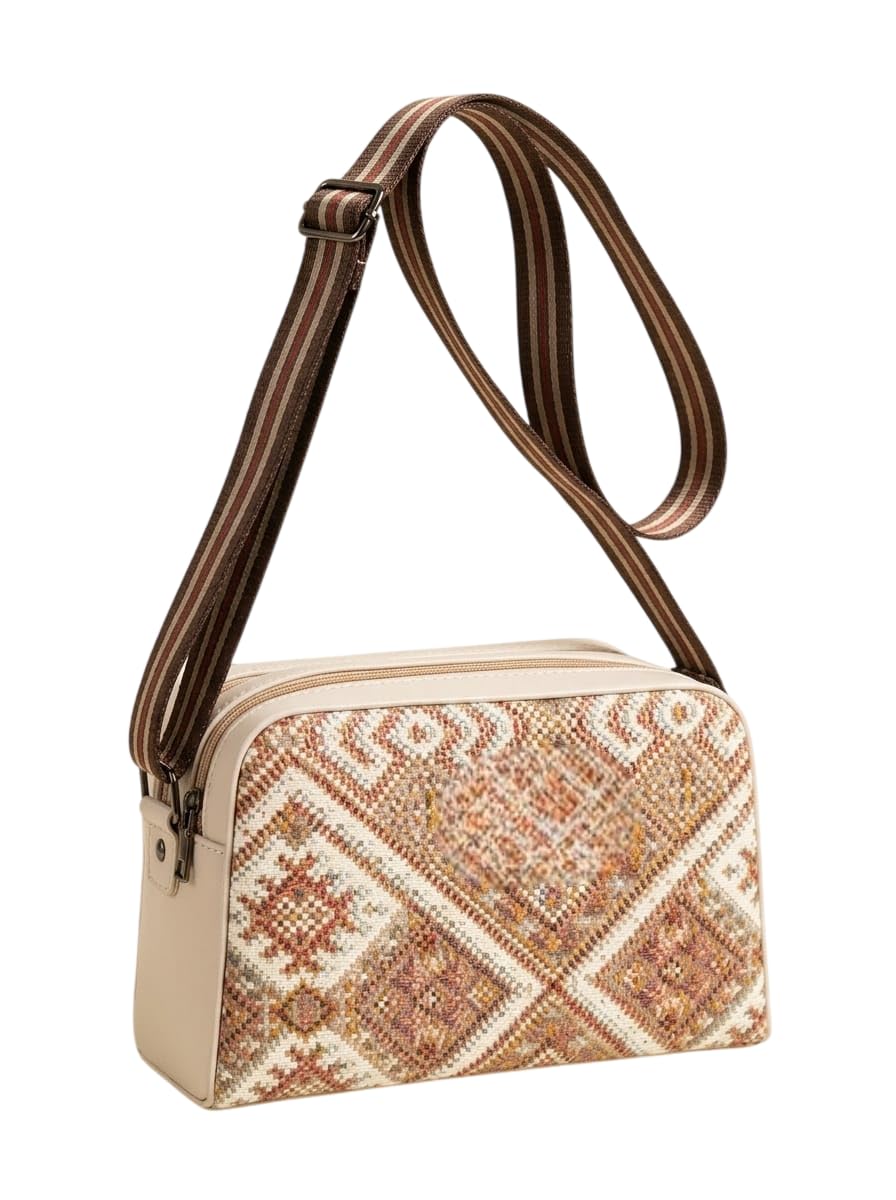 Ethnic Print Crossbody Bag, Beige, Woven Fabric with Striped Adjustable Strap, Zipper, women sling bag-picture-45