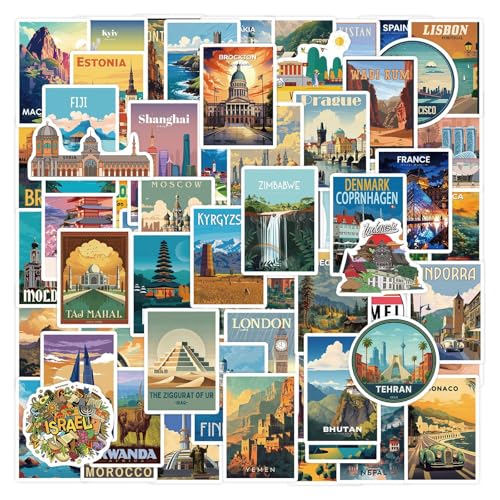 100 PCS Travel Stickers Vintage World Travel Stickers Pack Waterproof Landmark Vinyl Decals for Water Bottles Laptop Suitcase Journal Scrapbook Country City Destination Stickers for Adults Teens