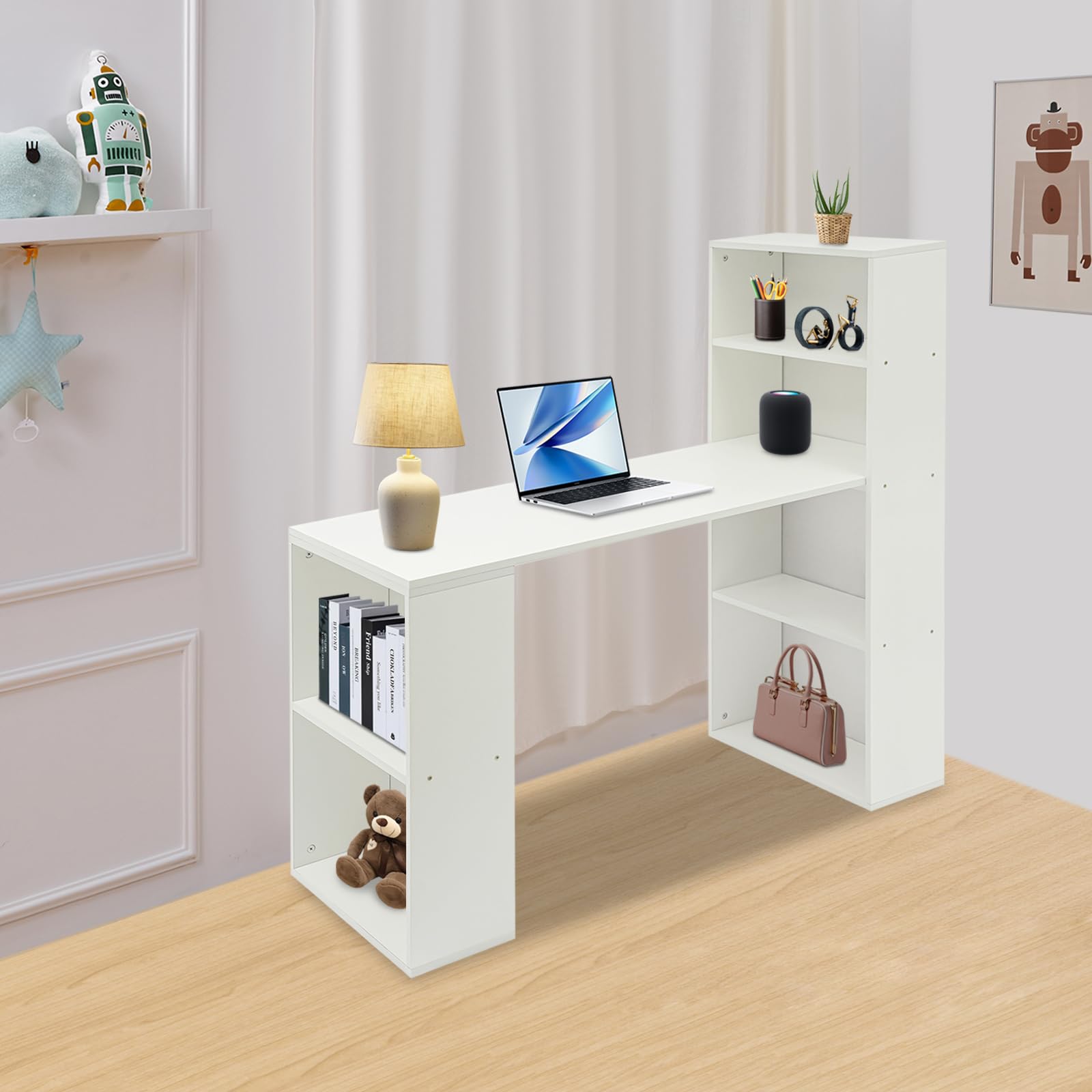 Scrivania con vano portaoggetti, scrivania per computer con ripiani aperti, tavolo da ufficio, bianco per camera da letto, studio, 52,4 x 120 x 120 cm