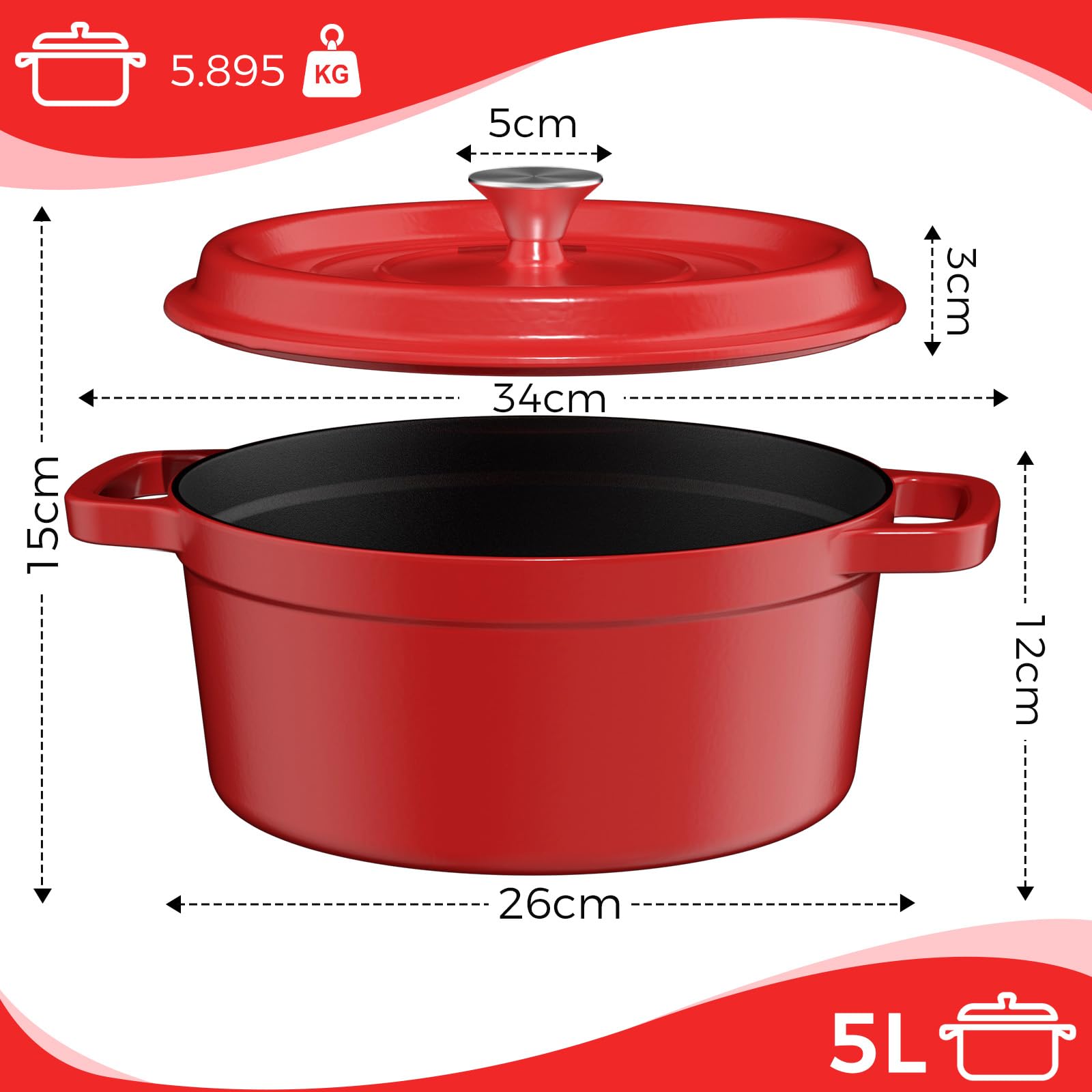 YASHE Pentola in Ghisa con Coperchio, 5L Casseruola Antiaderente, Forno Olandese Smaltato Rotondo per Zuppe, Stufati e Cottura al Forno, Rossa