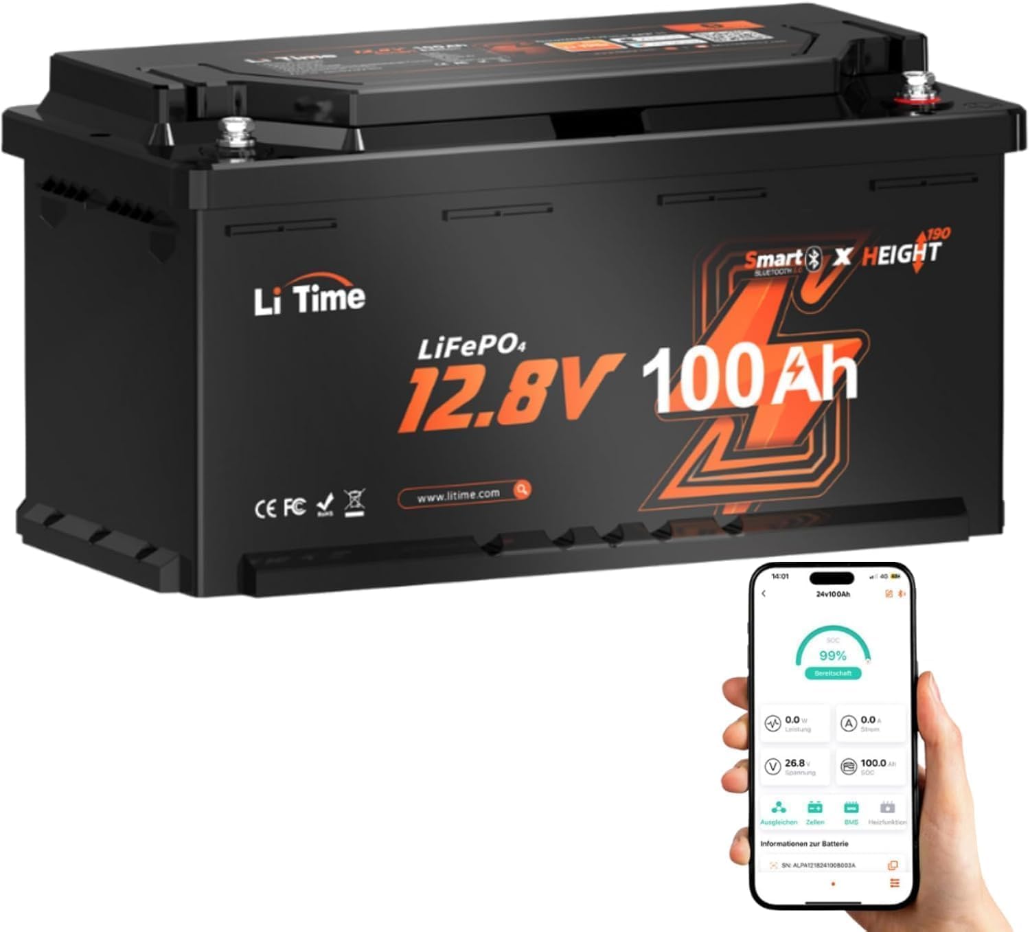 LiTime 12V 100Ah H190 Akumulator LiFePO4, Bateria Lifepo4 DIN H8 L5 Rozmiar z Inteligentnym 100A BMS i Bluetooth, Ochrona przed Niskimi Temperaturami, 4000+ Cykli, Zamiennik Kwasu Ołowiowego Kamperów