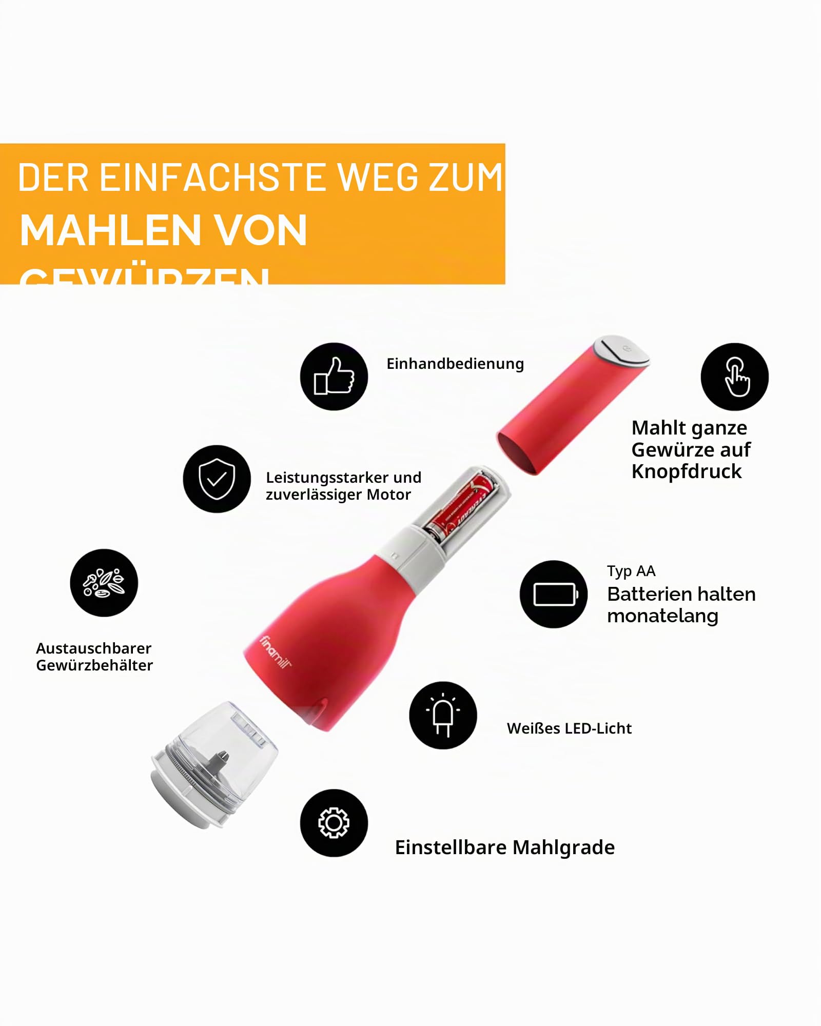 FinaMill Preisgekrönte batteriebetriebene Pfeffermühle & Gewürzmühle in einem, einstellbare Grobheit, Keramik-Mahlelemente, One-Touch-Bedienung mit LED-Licht, inklusive 2 schnell wechselbaren PROPlus