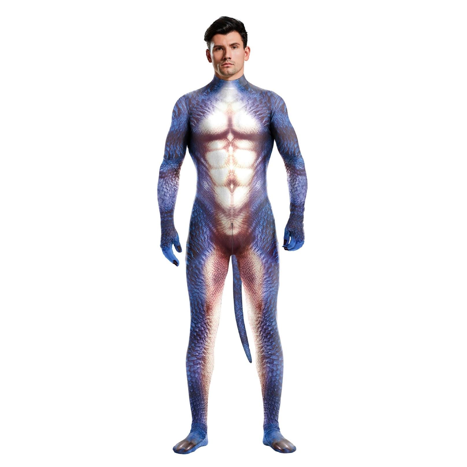 Adults Cosplay Zentai Bodysuit 3D Printed Animal Jumpsuit Men's Muscle Long-Sleeved Catsuit Halloween Party Fullbody One Piece Costume (Color : Purple, Size : M(Bust 80cm))