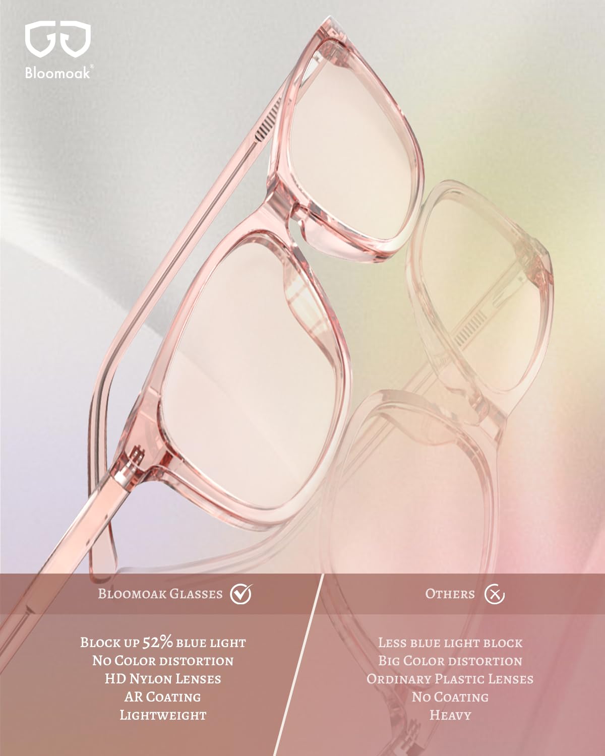 Bloomoak Różowe przyciemniane okulary migrenowe, FL- Flex okulary łagodzące czułość światła do fluorescencyjnego blasku LED, światłowstręt, zmęczenie oczu
