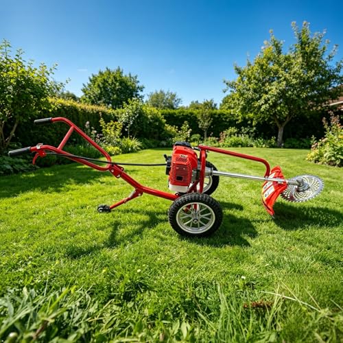 Walk-Behind Brush Cutter 7000rpm High Speed 2-Stroke Gasoline Powered Hand-Push Lawn Mower with Handles 49 Cc 1500w 2-in-1 Lawn Mower Machine for Soil Loosening and Mowing (Red)