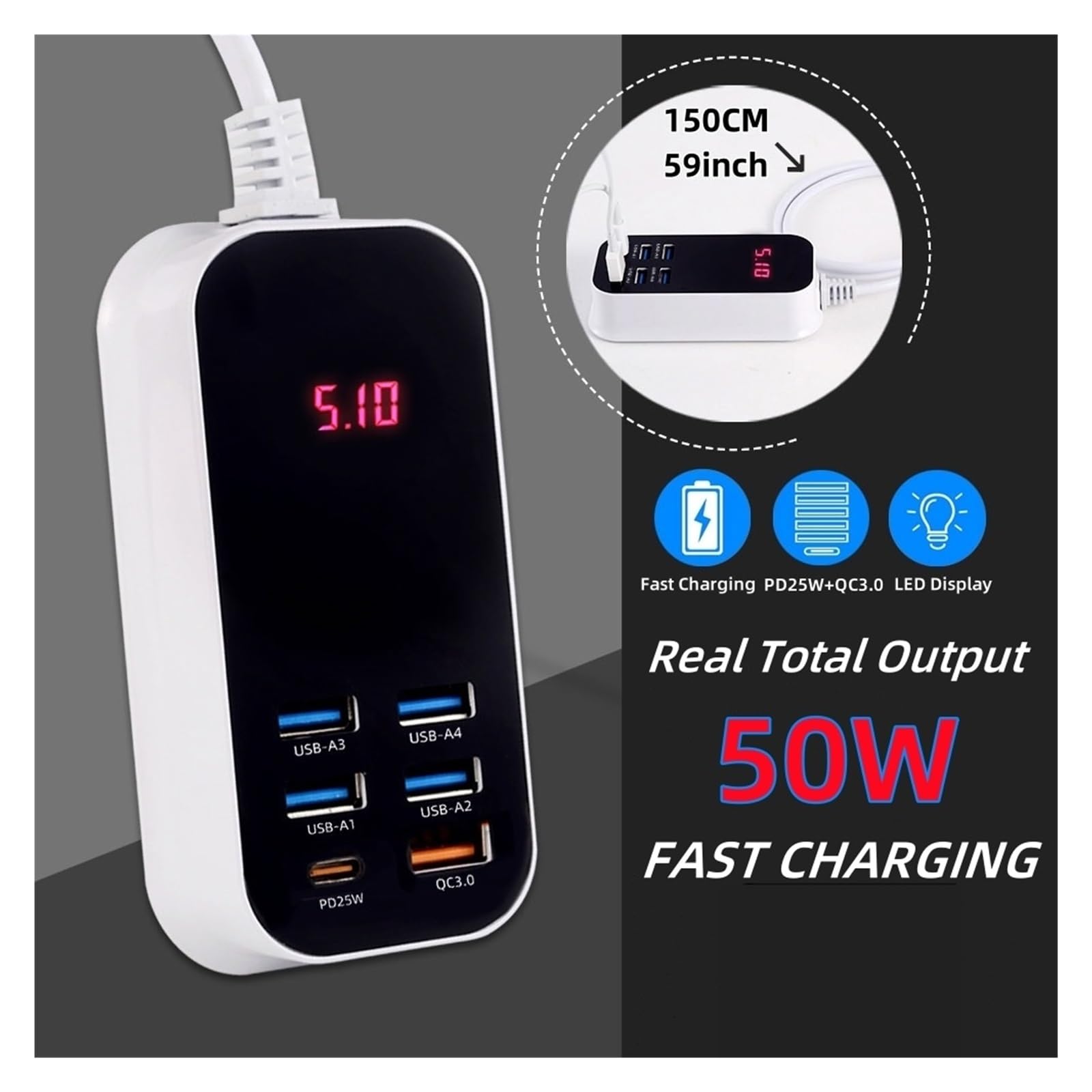 2 Szt. 50 W, 6 Portów, Szybka Ładowarka USB PD QC 3.0, Szybkie Ładowanie, Wyświetlacz Typu C, 1,5 M, Zasilacz Biurkowy Technologia Szybkiego Bezpiecznego ładowania