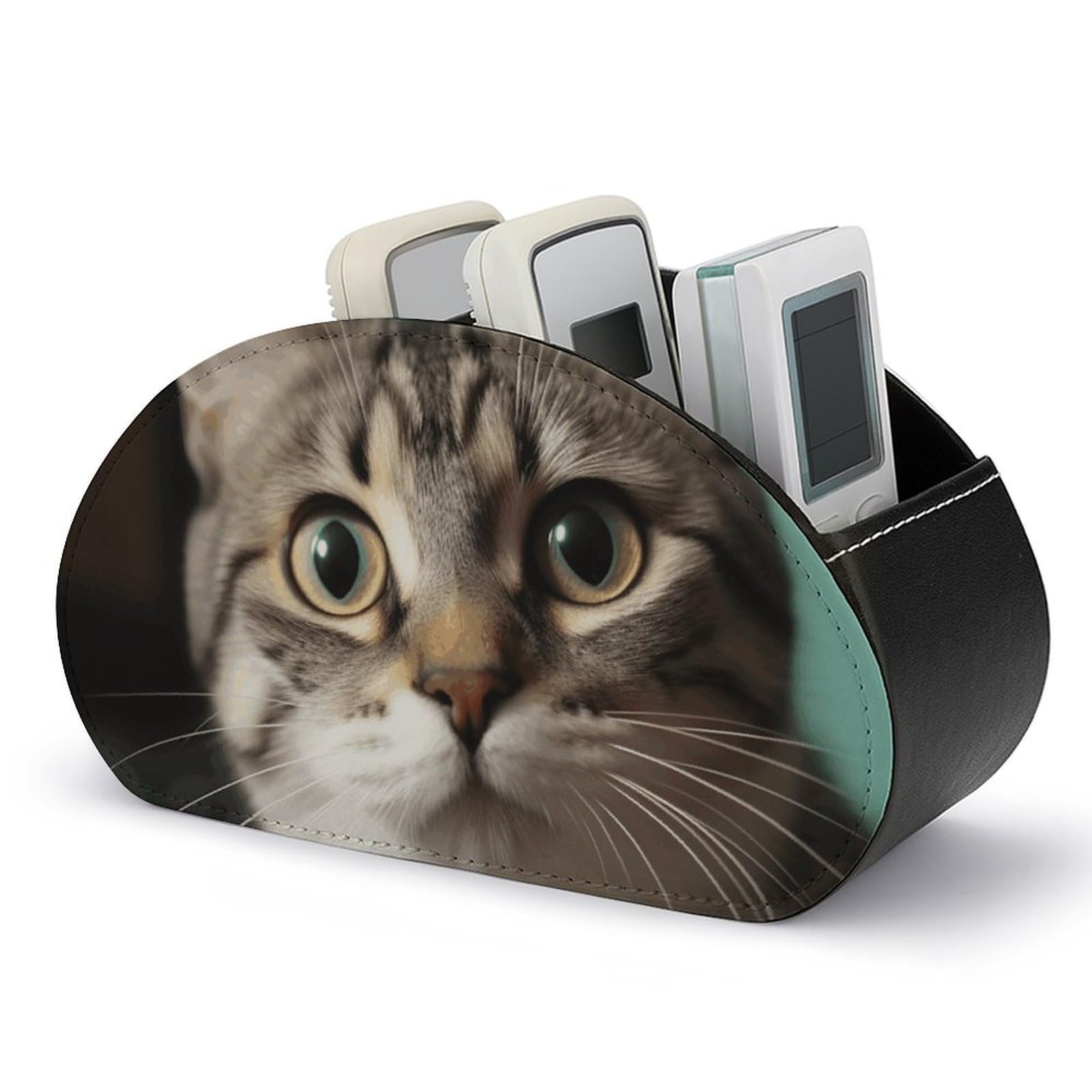 JTREHY A Curious Cat Remote Control Holder with 5 Compartments Pu Leather Remote Caddy Box Multi-functional Deskt Holders Organizer Box Tray Bedside Table Storage Organizer