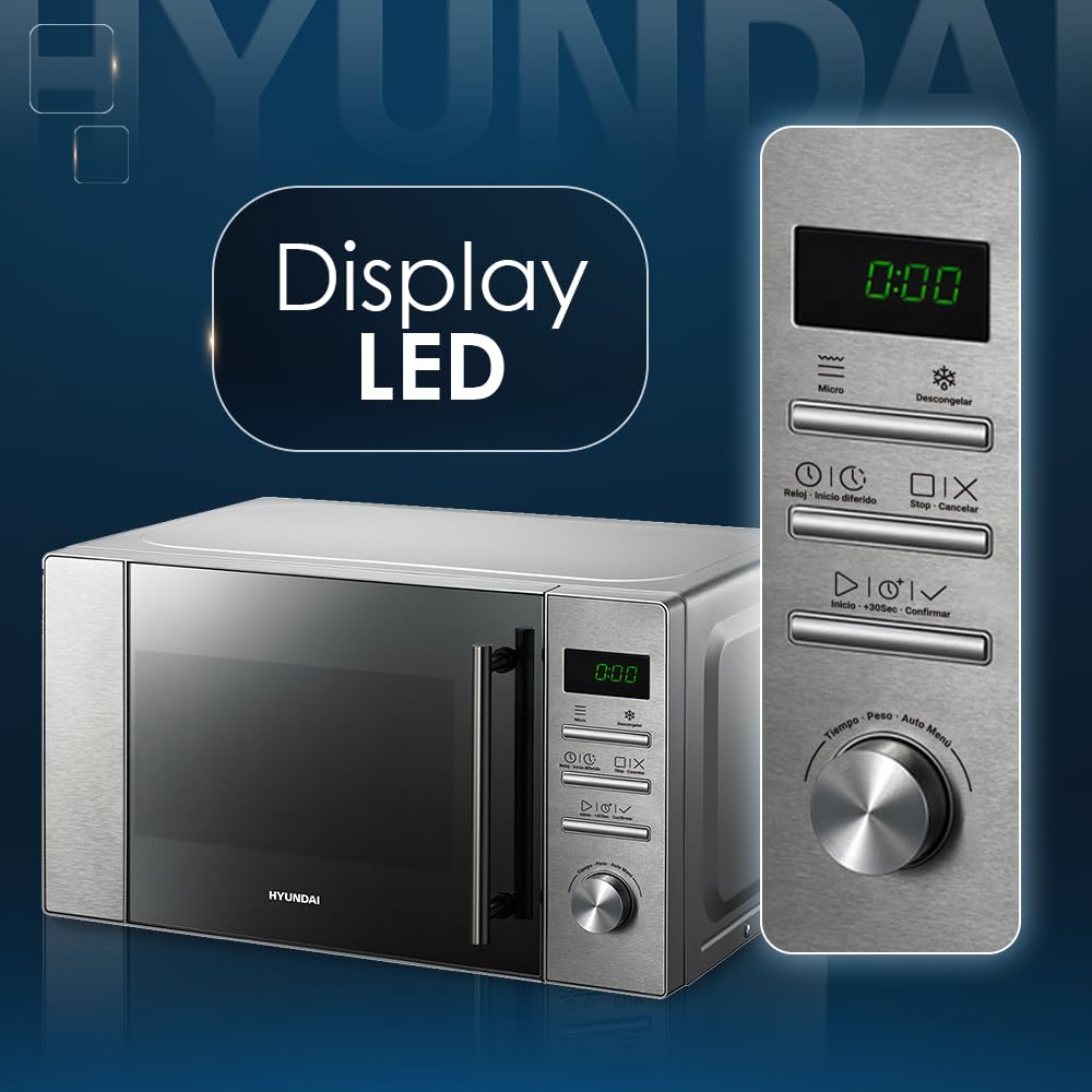 Hyundai Microondas 20 Litros Básico Inox HMW2700DX. 700W, 8 Programas, Modo Descongelación, Revestimiento Interior, Fácil Limpieza, Temporizador 95min.