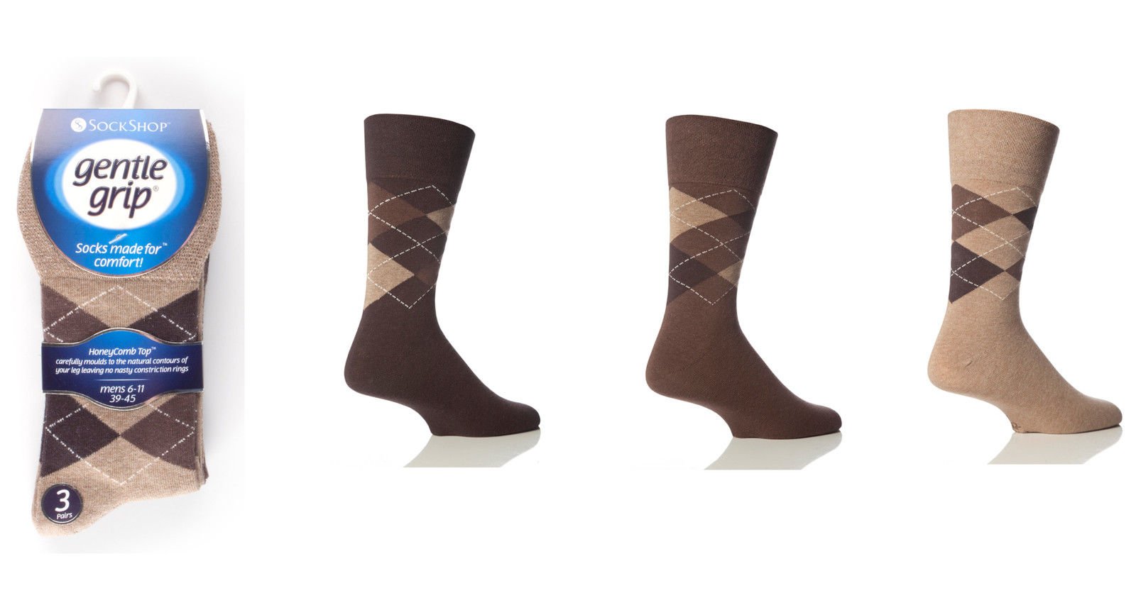 Hduk Mens Socks Men's Brown Argyle 6 Pairs Gentle Grip Honeycombe Top Non Elastic Socks By Drew Brady / 26