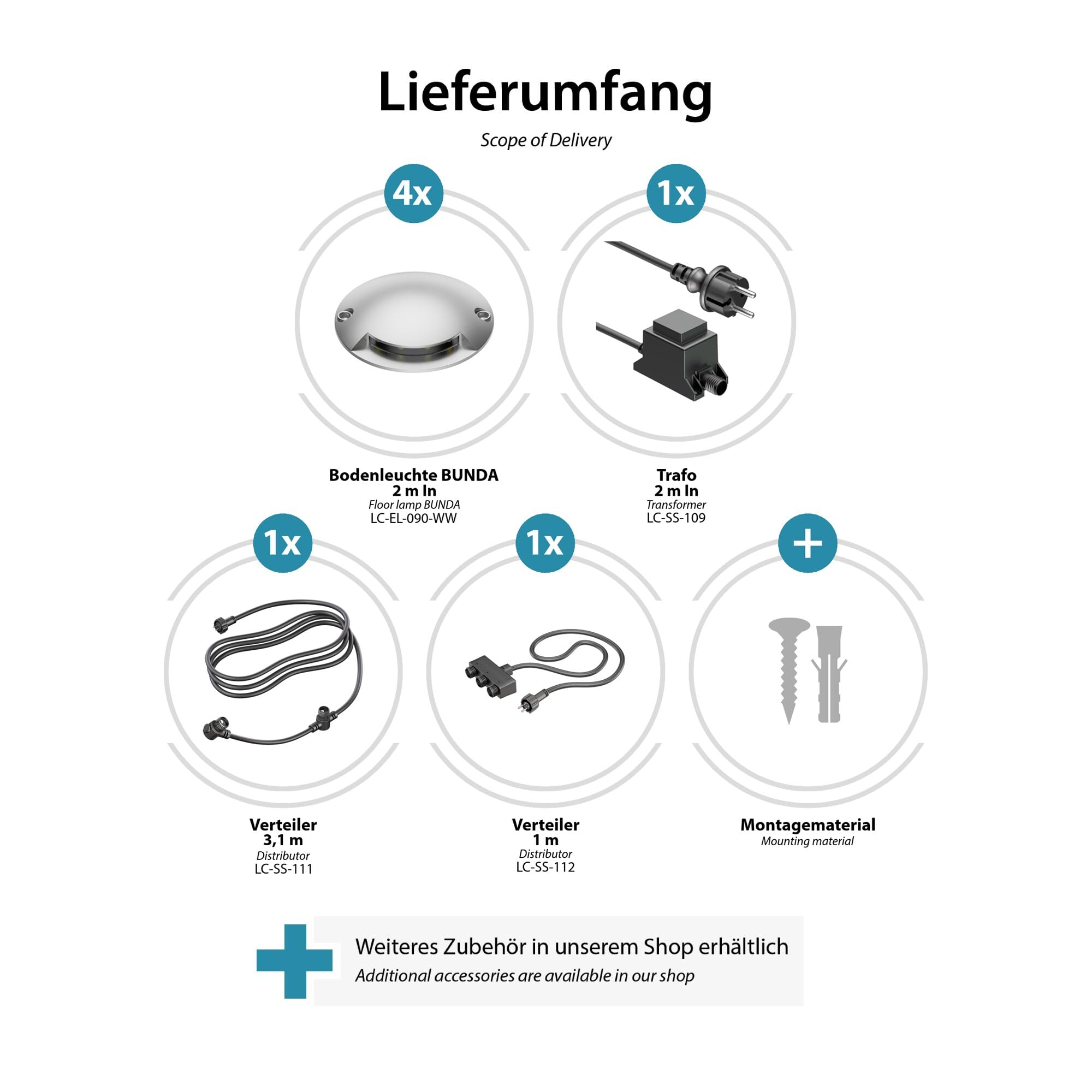 ledscom.de LED Boden-Aufbau-Leuchte Bunda, 1-flammig, für außen, befahrbar, warm-weiß, 4er Set