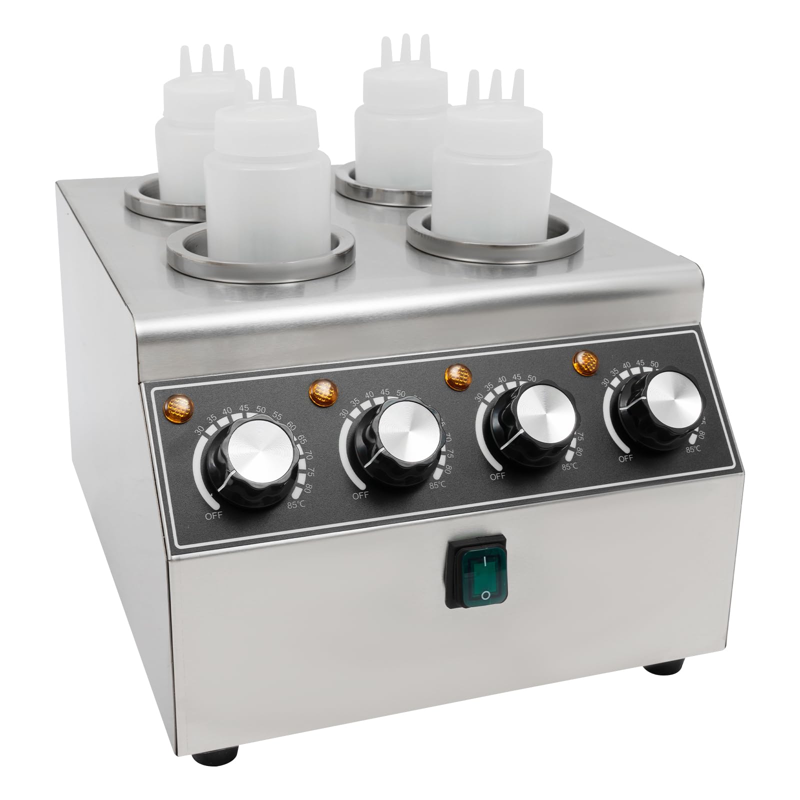 Calentador de salsas eléctrico, 800 W, con 4 botellas de PVC, máquina de calentamiento de salsas de acero inoxidable, 30-85 ℃, para mantener diferentes salsas calientes