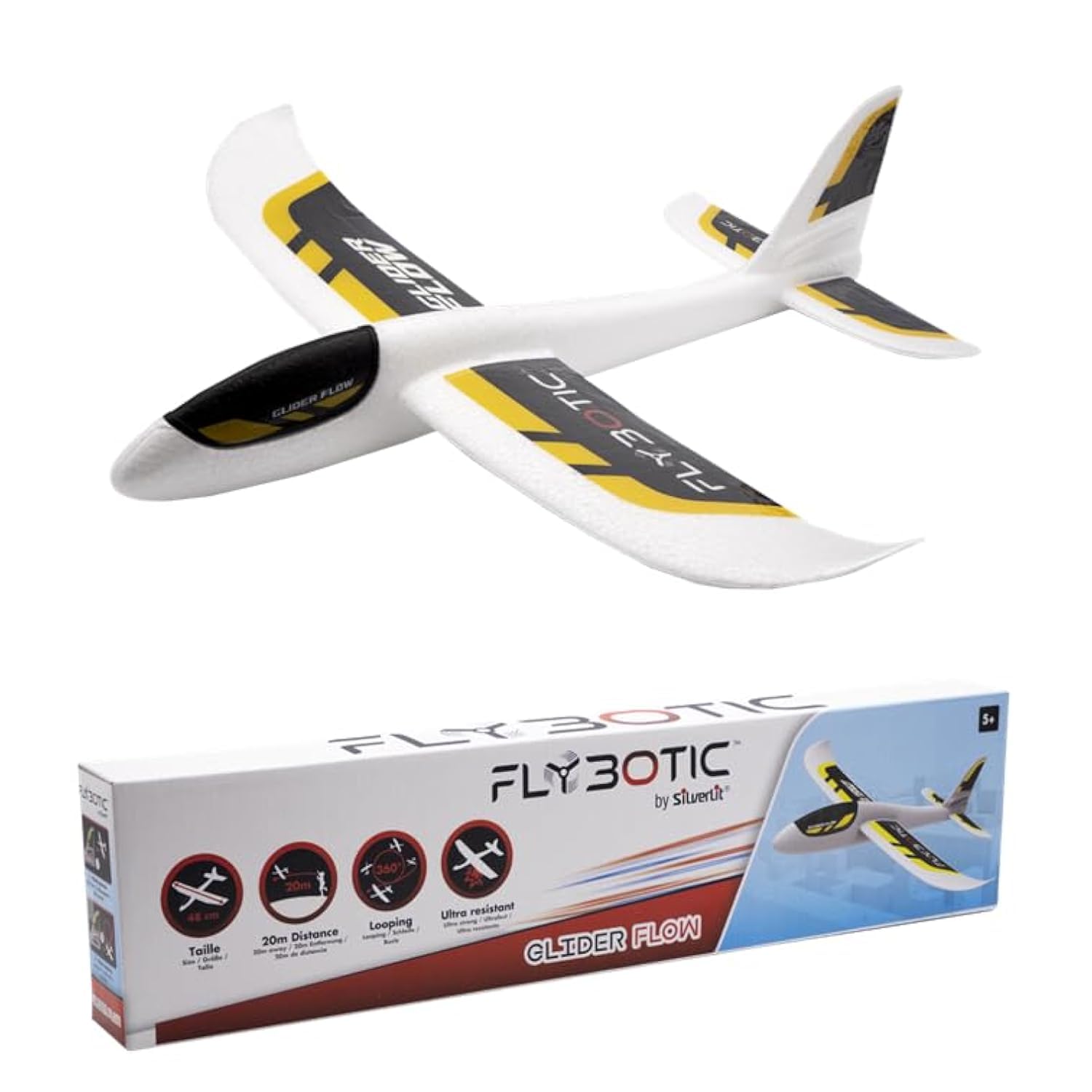 Silverlit Flybotic Glider Flow RC airplane with icons indicating 48cm size, 20m distance, and 360 degree looping capability