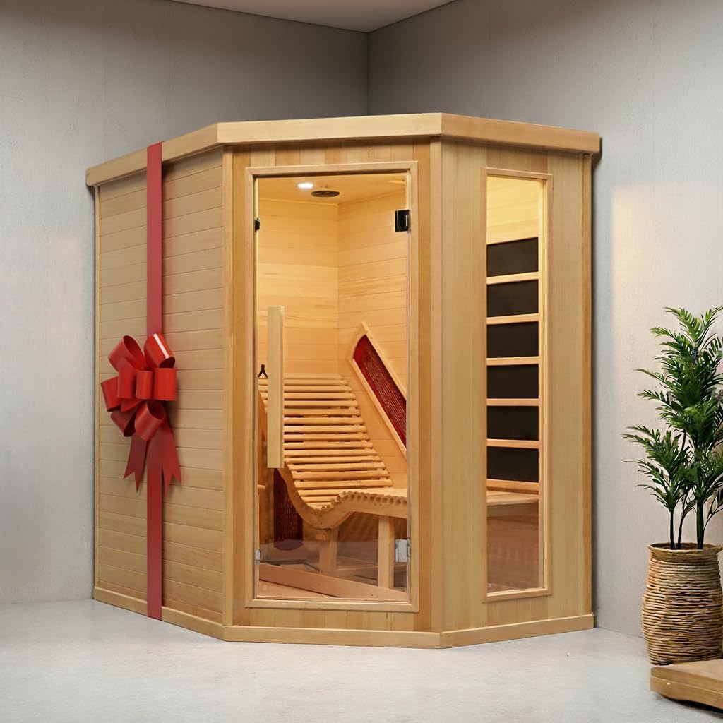 Corner Sauna 1 Person, Infrared Wooden Sauna, Luxurious Canadian Hemlock Home Saunas, 2300 W 8 Heating Element, Low EMF Full Size Indoor Spa(Right Recliner)
