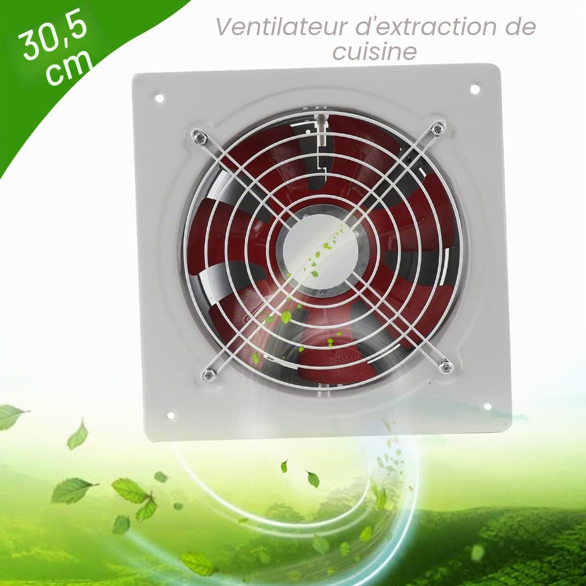 Ventilateur axial 220 V 12" 300 mm Ventilateur axial Ventilateur d'extraction d'air de cuisine Ventilateur mural en métal industriel pour salle de bain garage Pales blanches et rouges 2650 m³/h
