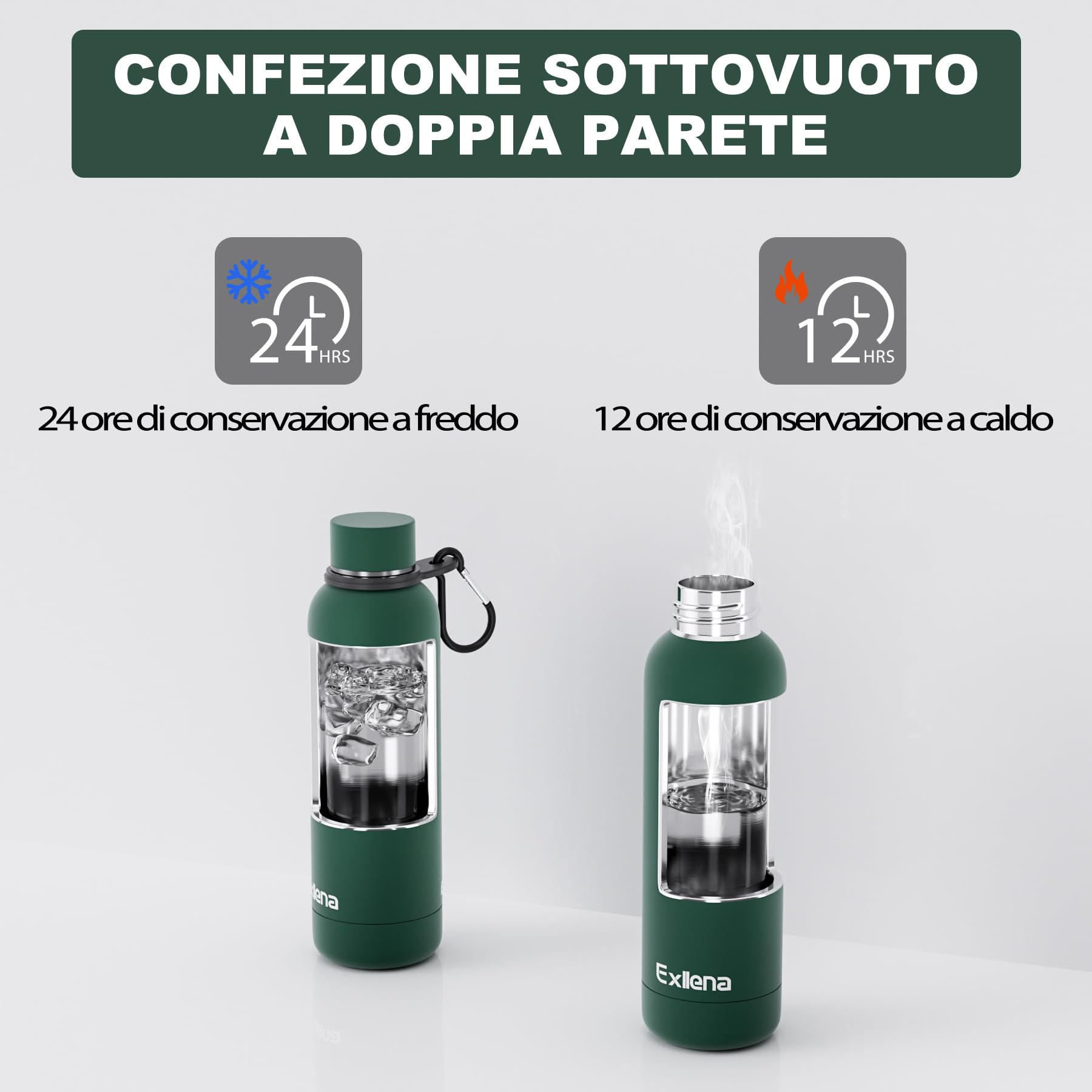 Exllena Borraccia Termica 500 ml - Bottiglia Termica Doppio Vuoto Mantenere Calore/Freddo - Senza BPA - 100% A Tenuta Stagna con Anello per Tote (Verde Oliva)