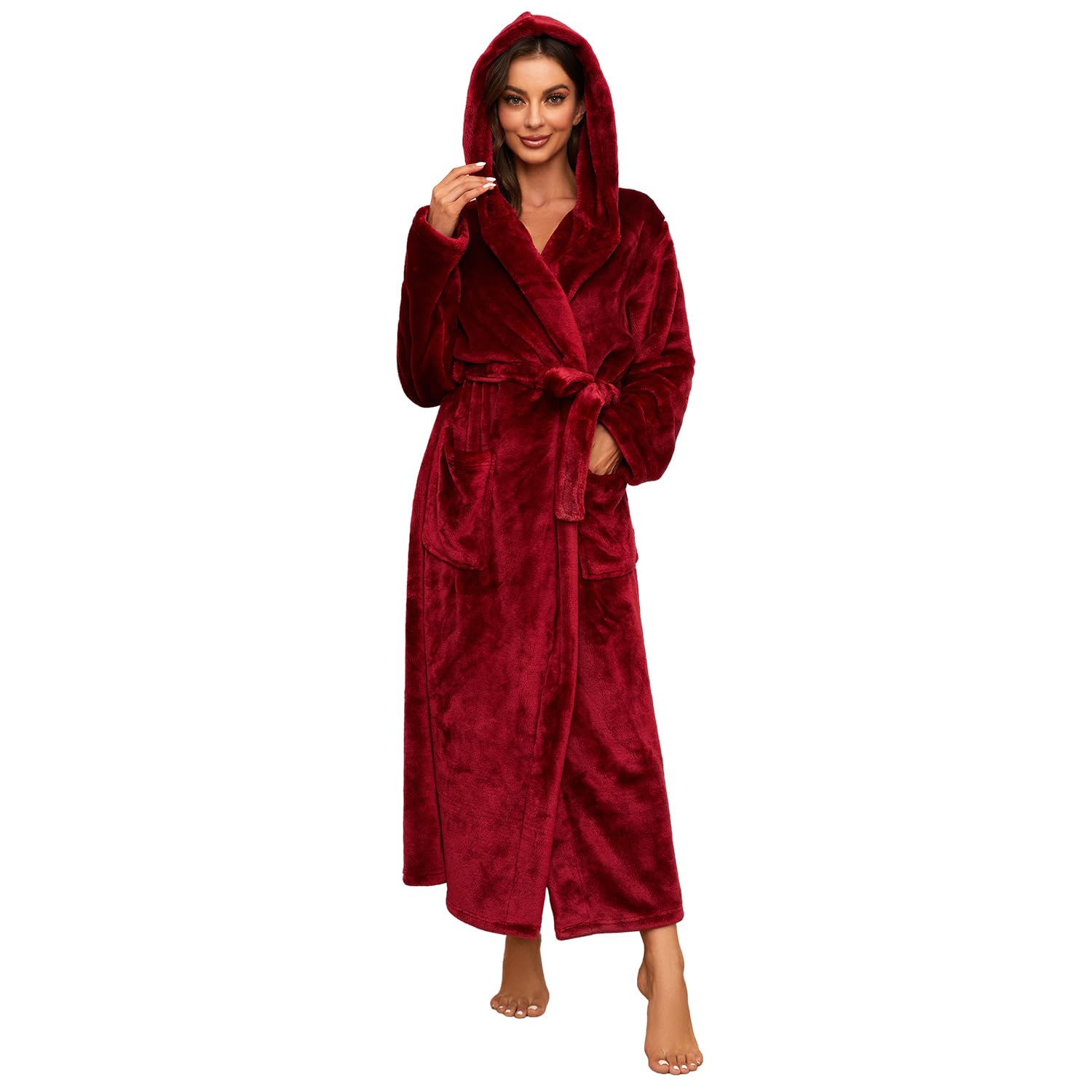 HEARTNICE Womens Long Hooded Plush Robe Soft Thick Warm Fleece Bathrobe Full Length House Coat