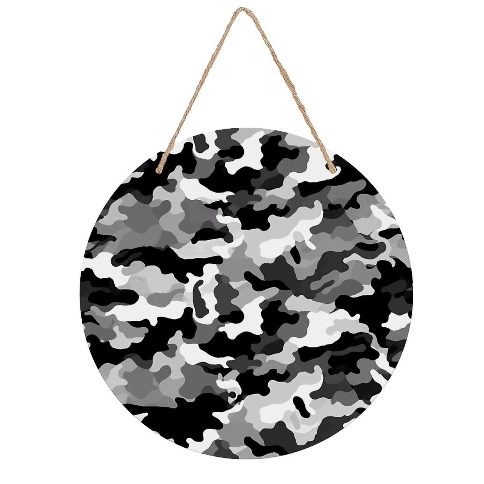 VstaDank Black Grey White Camo Wooden Wall Art Decor Round Wood Plaque Wooden Door Hanger Sign with Hole And Hanger Rope Trend Wood Decorative Paintings for Home Outdoor Indoor 7.87 Inch
