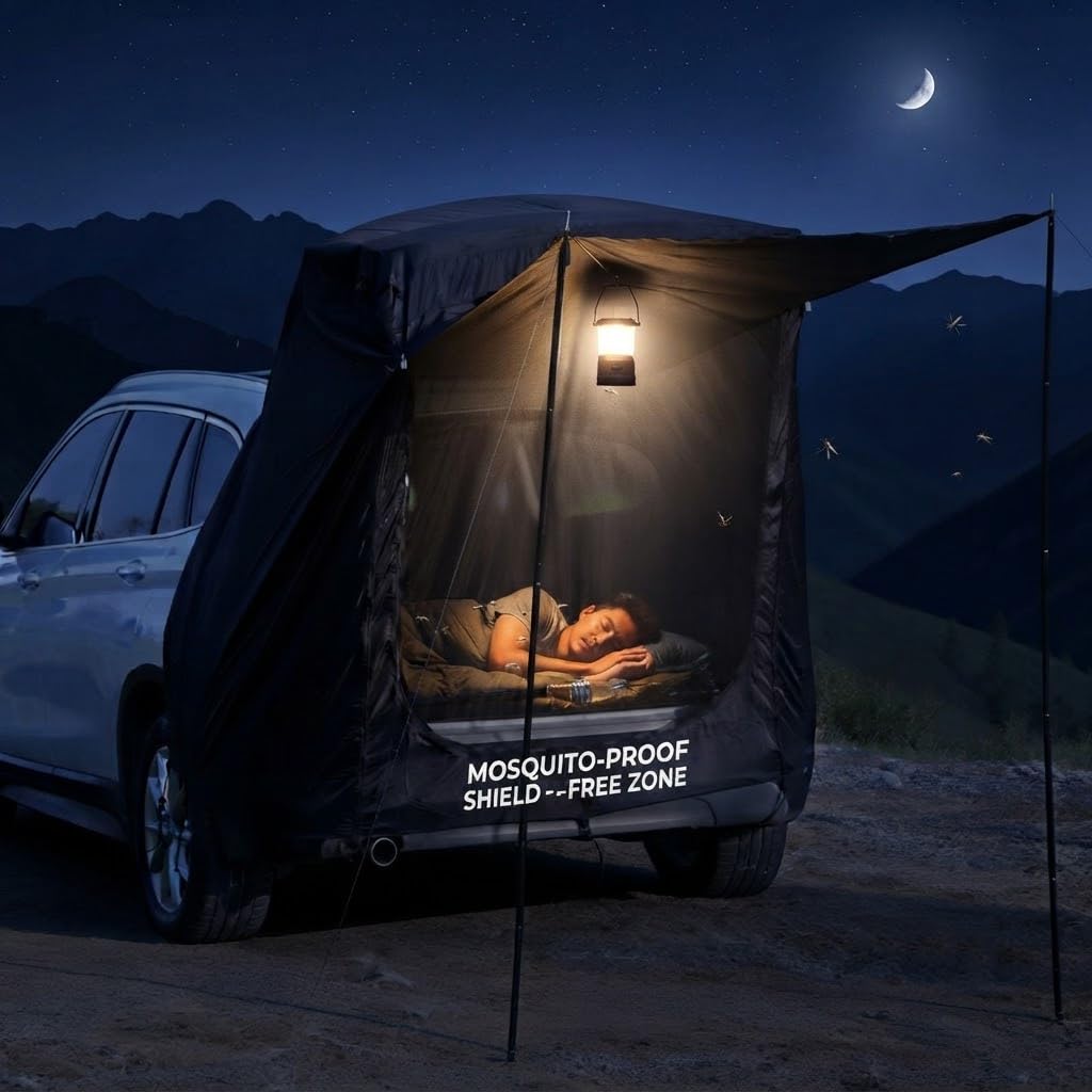 Tente de Hayon Universelle pour Voiture 2-4 Personnes, Étanche au Vent et à la Pluie, Protection Solaire, Toile Oxford Occultante, Bâche de Camping Imperméable ≥2000mm pour SUV (Noir)