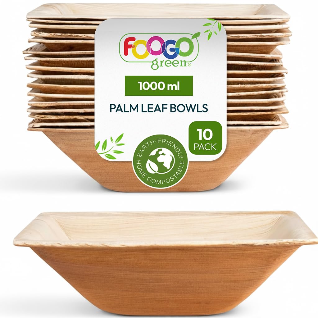 FOOGO Green 10pcs Disposable Palm Leaf Bowls, 8" (20cm) 33.8oz (1000ml), for Soup, Desserts & Salad, Deep Square, Sturdy Eco Friendly Biodegradable, Bamboo, Wooden and Strong Paper Bowls