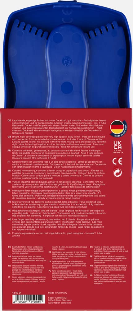 FABER-CASTELL - zestaw farb wodnych Connector, 12 kolorów, niebieski | W zestawie: biel kryjąca, przegródka na pędzel i miejsce na imię, farby można łączyć ze sobą