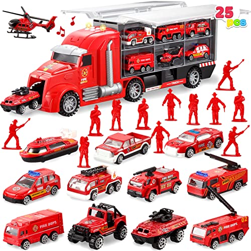 JOYIN 25 in 1 Die-cast Fire Truck Vehicle Toy Set with Sounds and Lights, Fire Engine Vehicles in Carrier Truck, Mini Rescue Emergency Fire Truck Car Toy, Birthday Gifts for Over 3 Years Old Boys