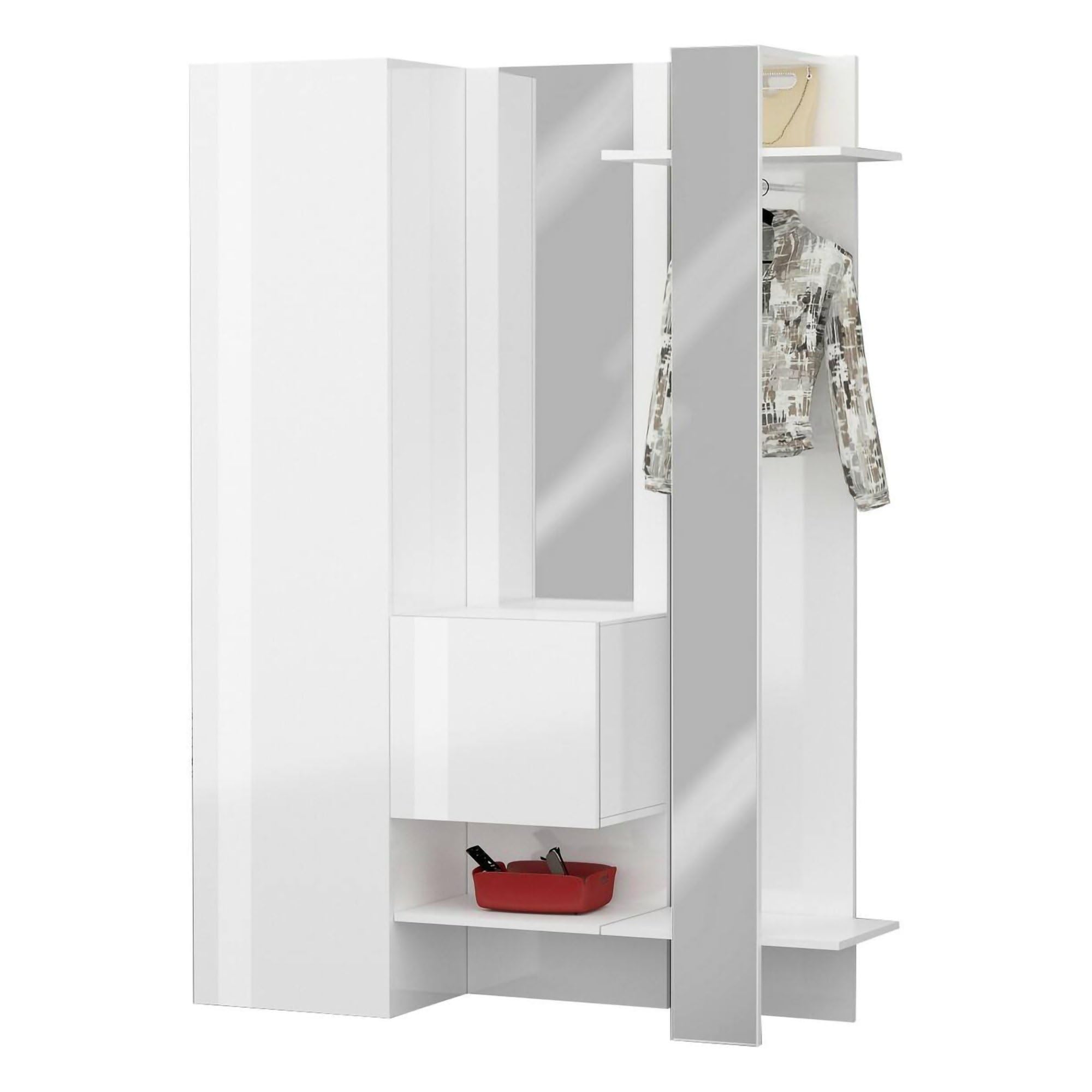 Dmora - Mobile da ingresso Vilmaro, Armadietto multifunzione a 2 ante, Appendiabiti da parete con 2 specchi, 140x35h190 cm, Bianco